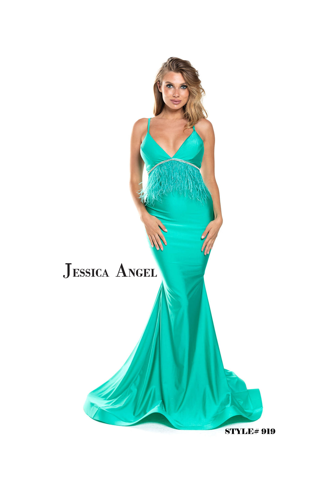 Feather Fitted V-Neck Gown by Jessica Angel 919