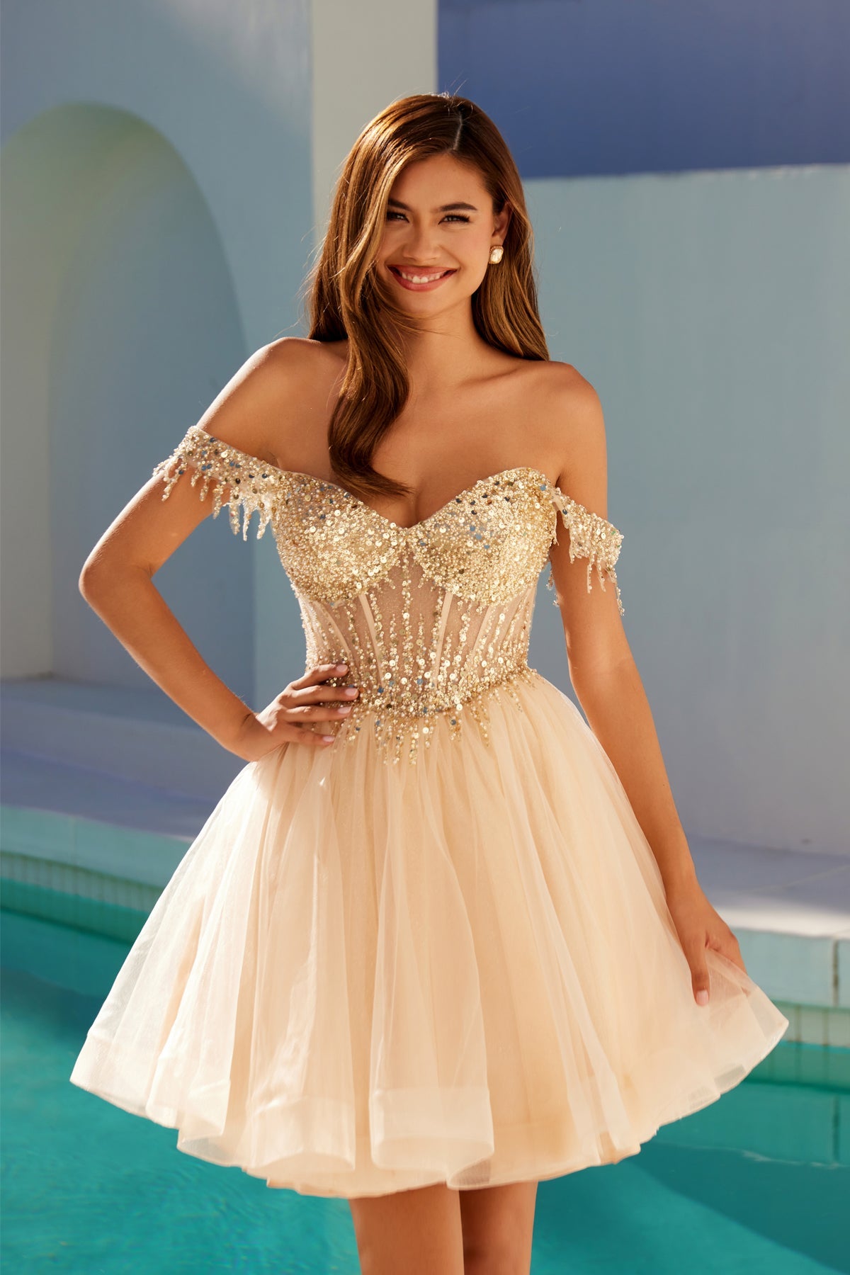 Beaded Short Off Shoulder Dress by Juliet JT947L - product image 3