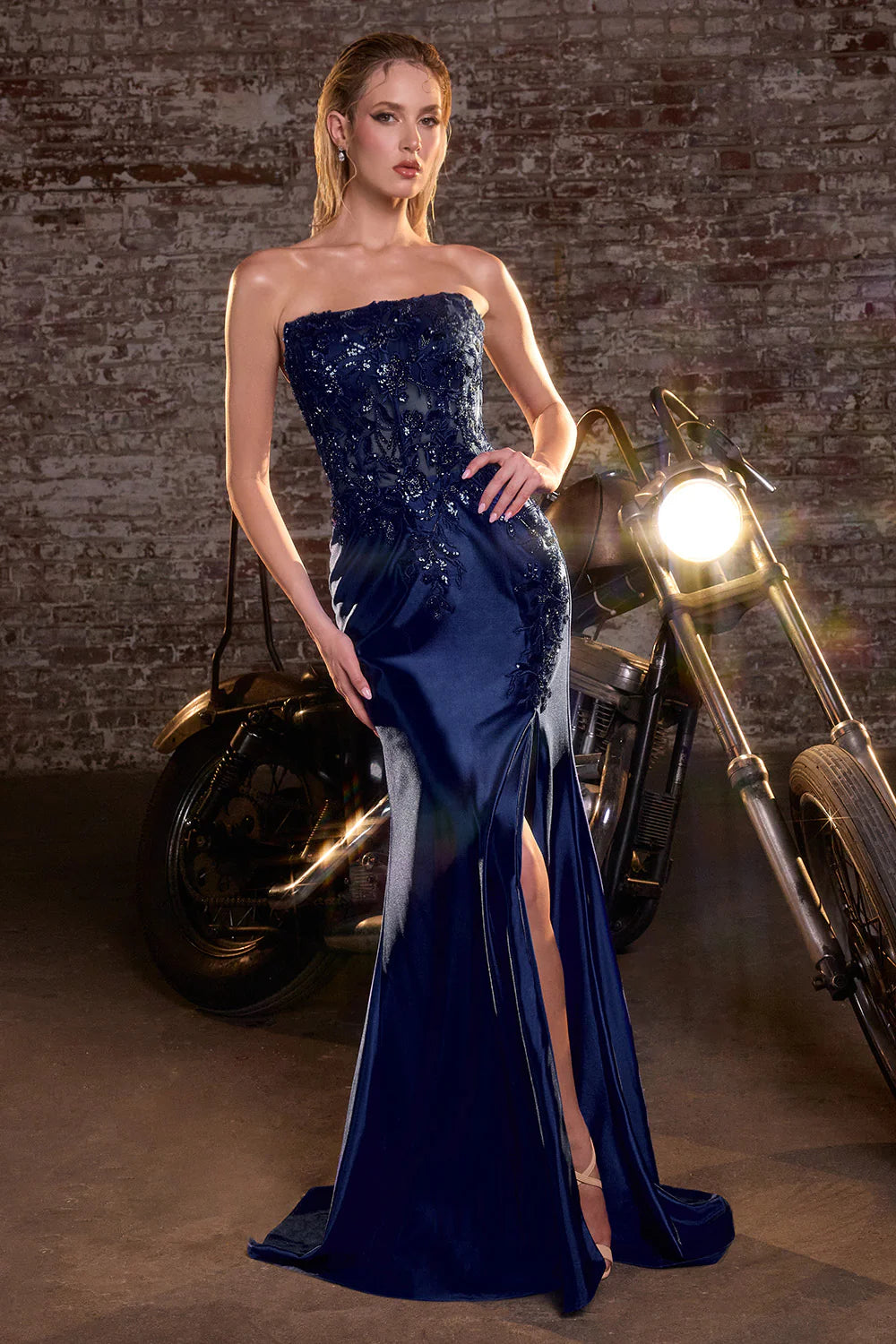 Melisa Applique Satin Strapless Slit Gown