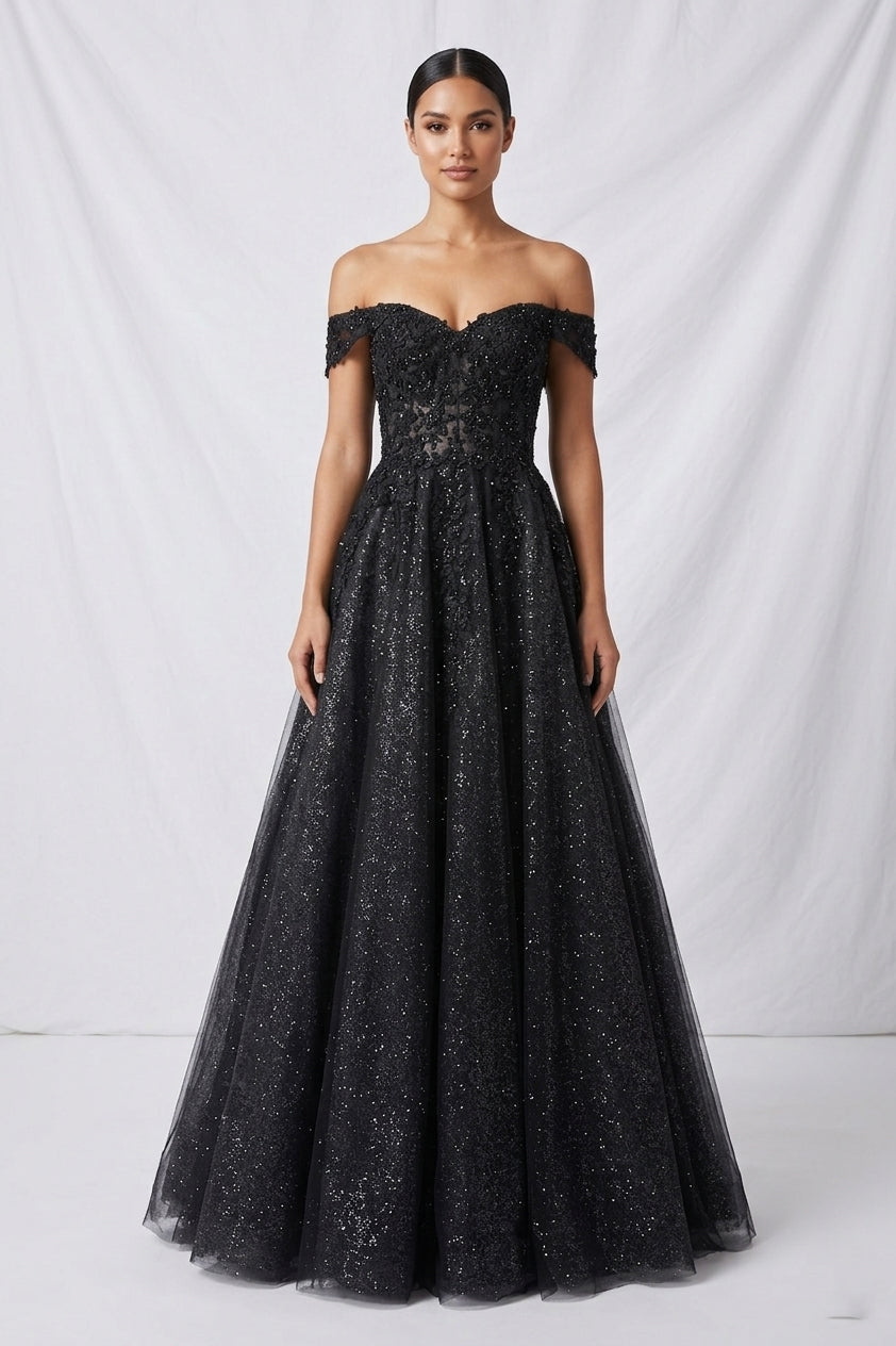 Off-the-Shoulder Long Glitter Ball Gown: Chicas C336