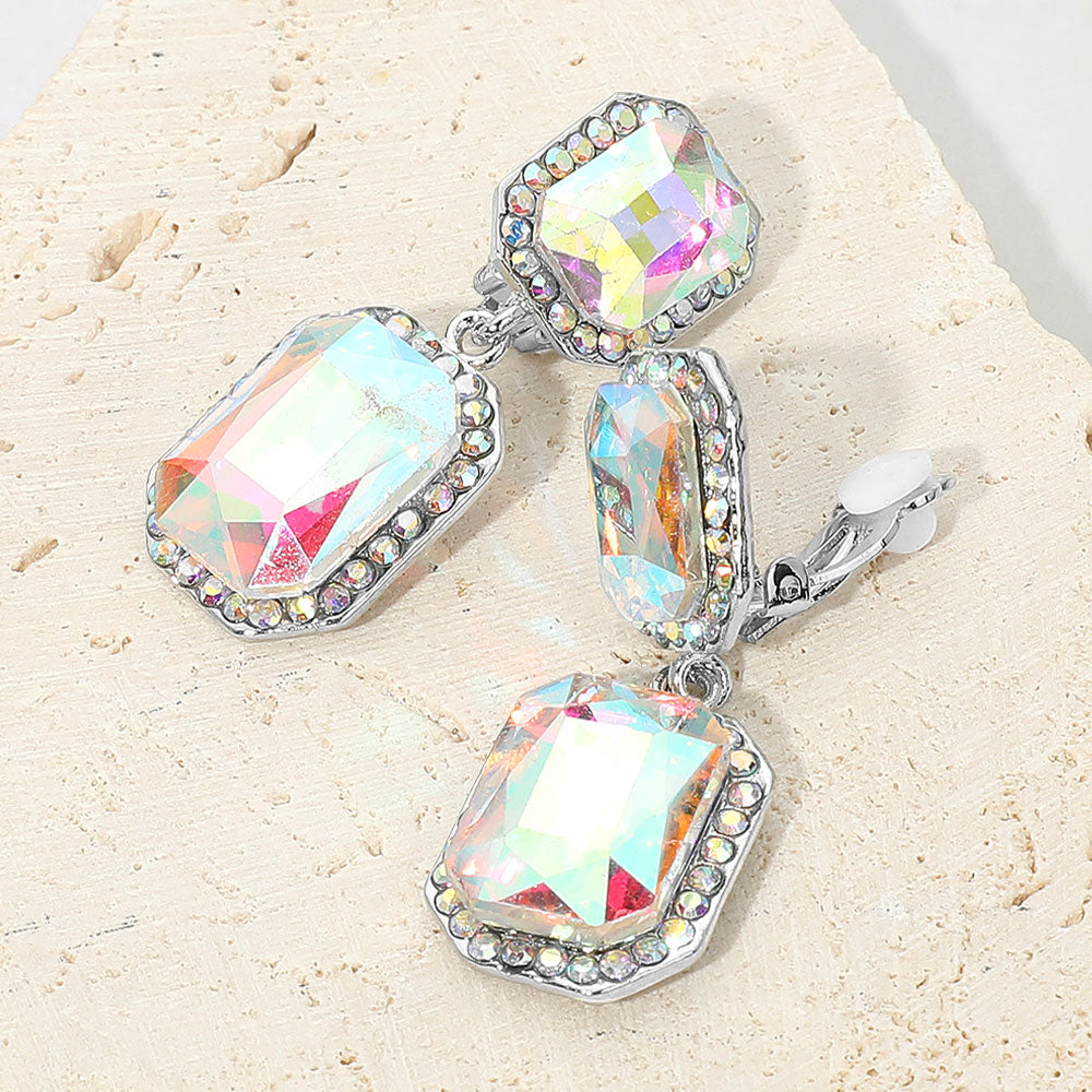 Elegant Rectangle Crystal Drop Dangle Evening Clip On Earrings