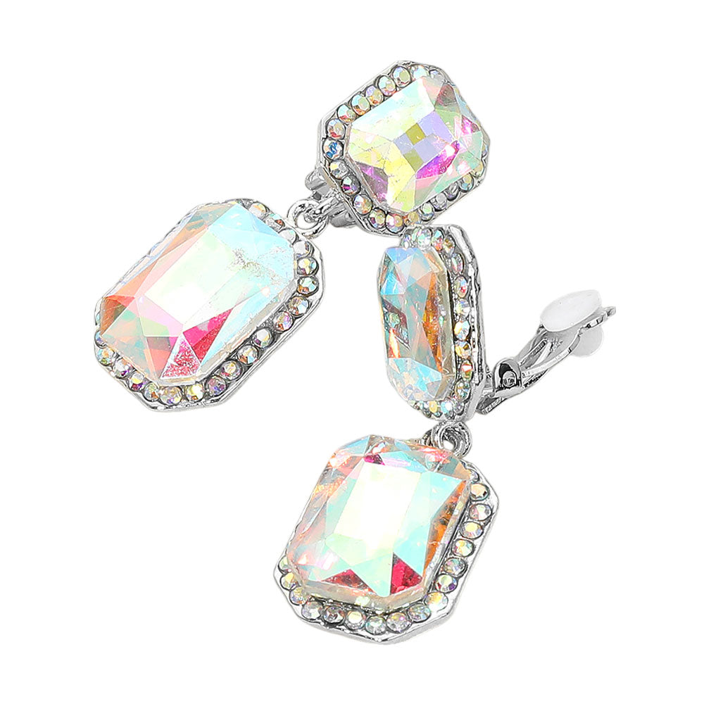 Elegant Rectangle Crystal Drop Dangle Evening Clip On Earrings