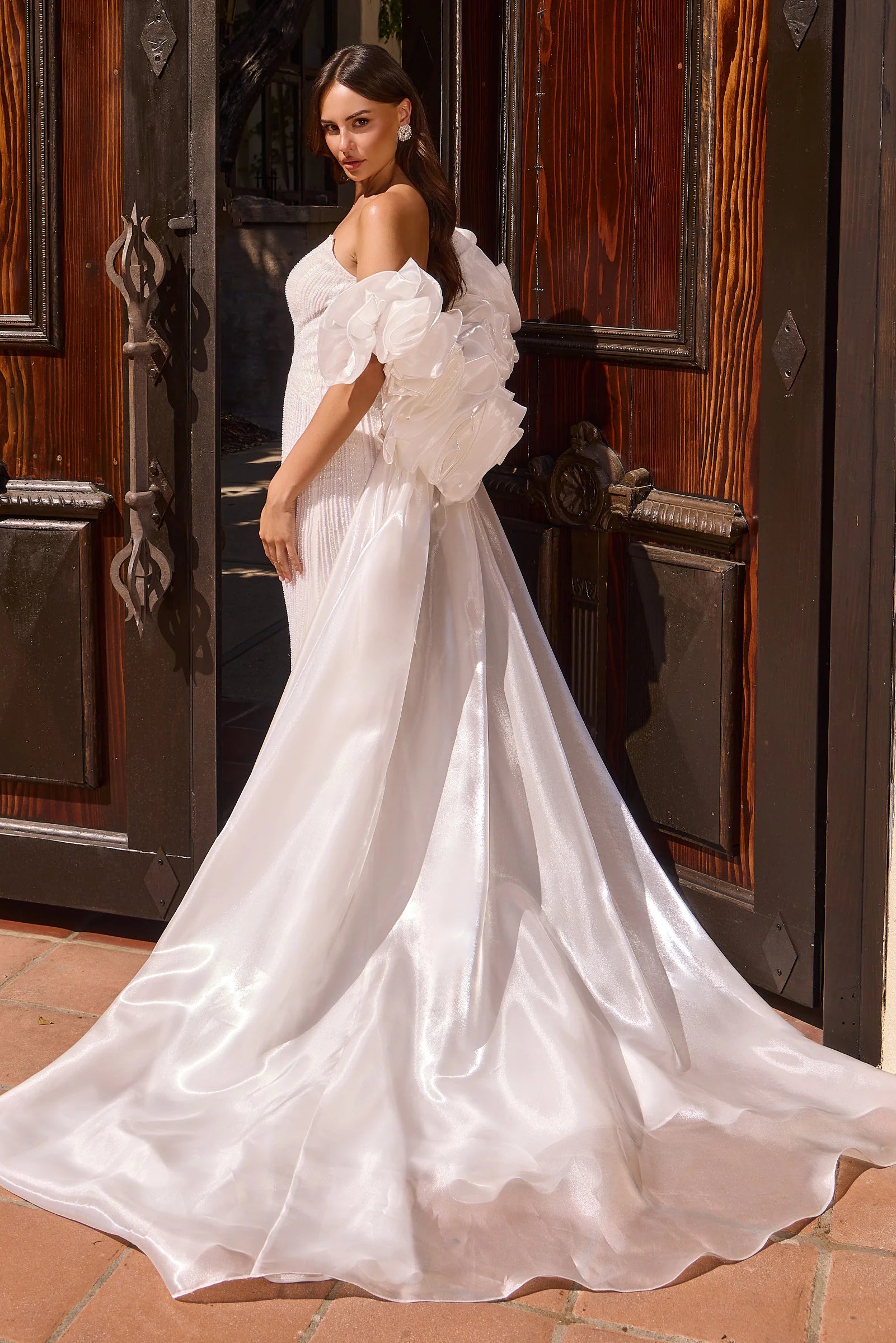White Strapless Puff Sleeve Gown by Ladivine CJ933W
