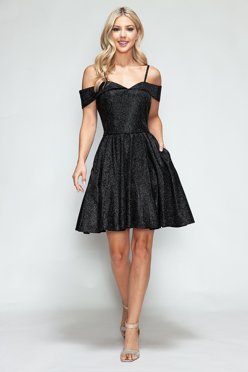 Metallic Short Cold Shoulder A-line Dress by Lenovia 3092