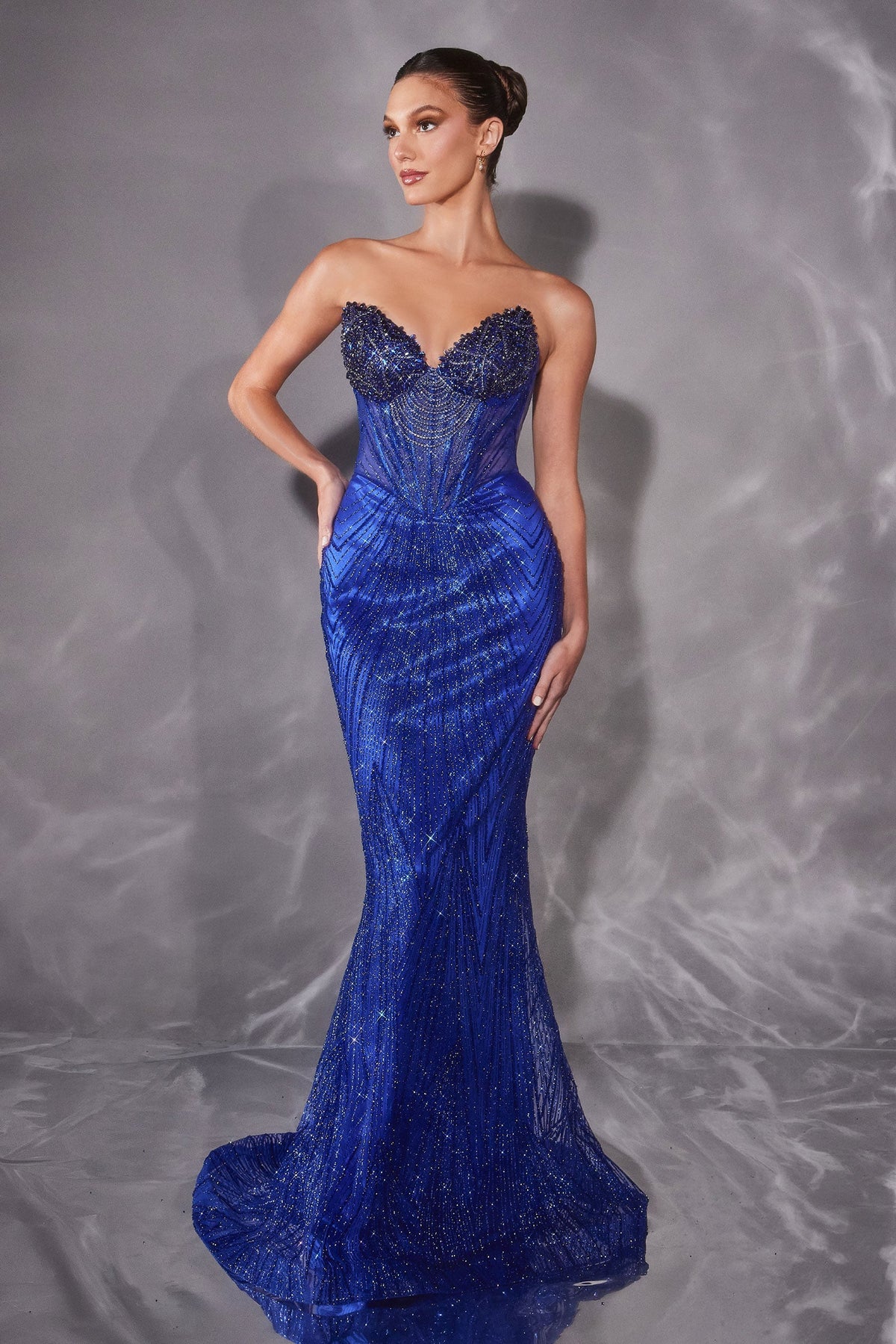 Beaded Fitted Strapless Gown by Ladivine J903