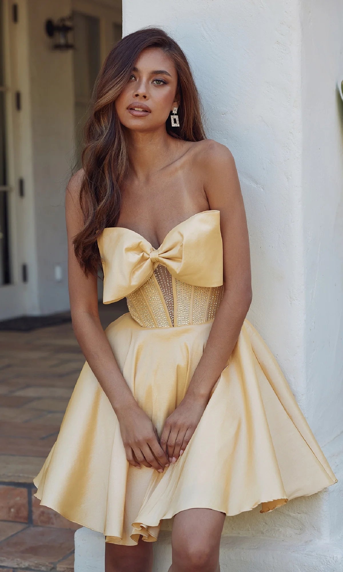 Front Bow Strapless Hoco Dress: Juliet JT961A