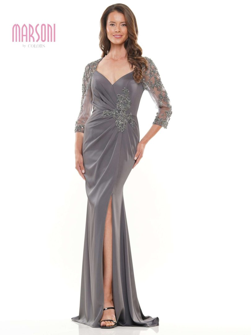 Marsoni by Colors - MV1070 Beaded Sheer Sleeves V Neckline Slit Gown