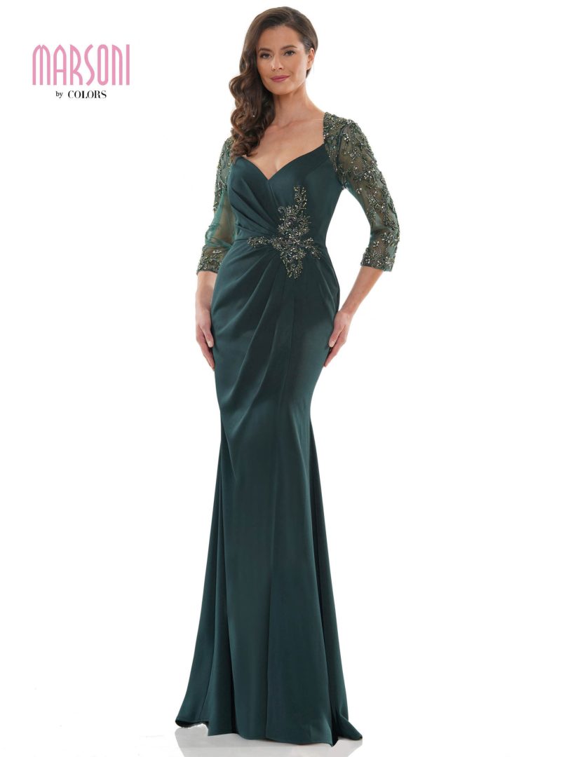 Marsoni by Colors - MV1070 Beaded Sheer Sleeves V Neckline Slit Gown
