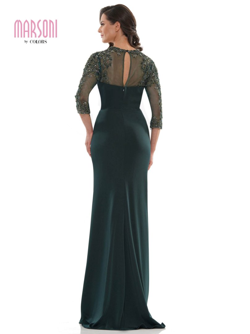 Marsoni by Colors - MV1070 Beaded Sheer Sleeves V Neckline Slit Gown