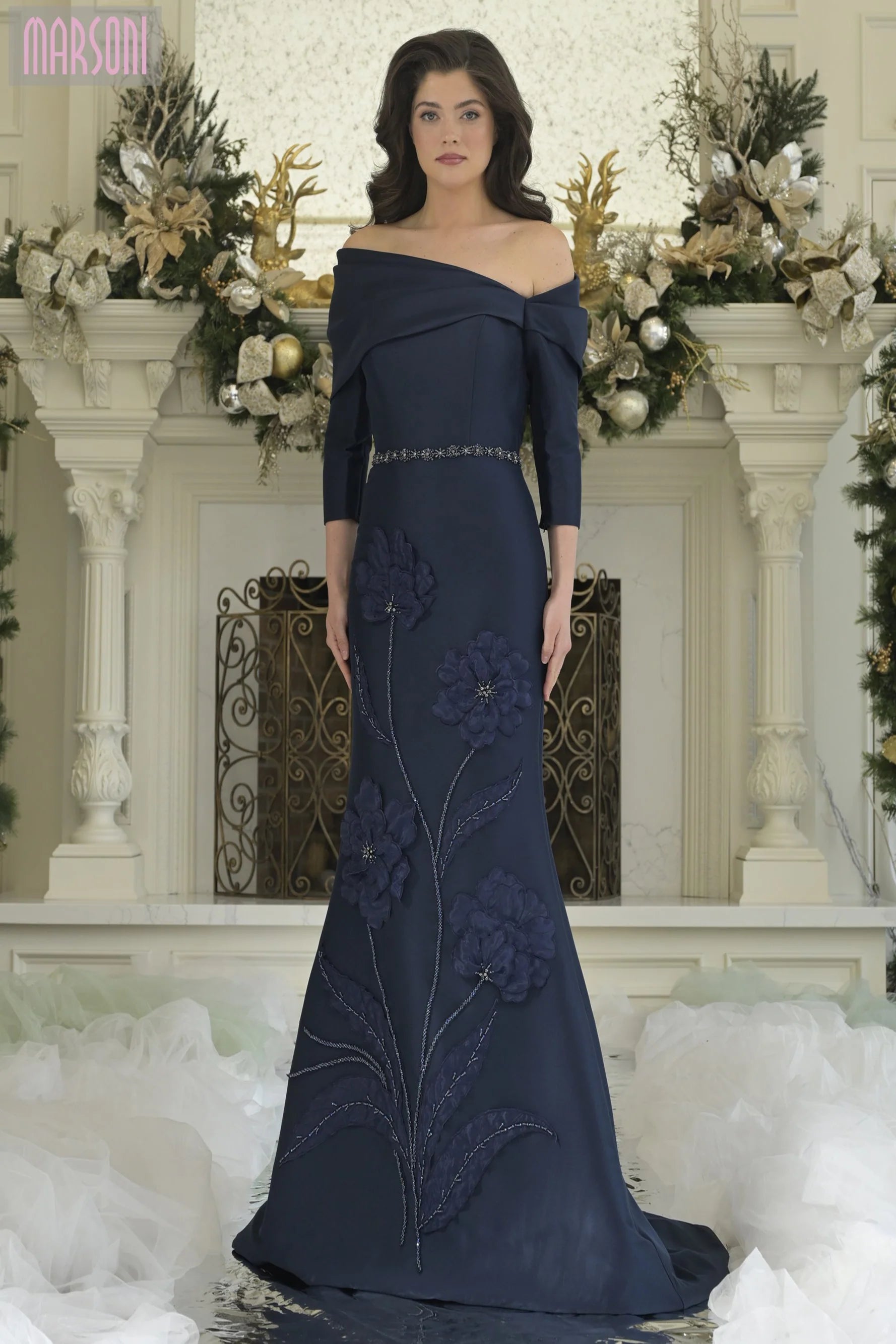 Marsoni by Colors MV1374 - Off-Shoulder Floral Applique Gown