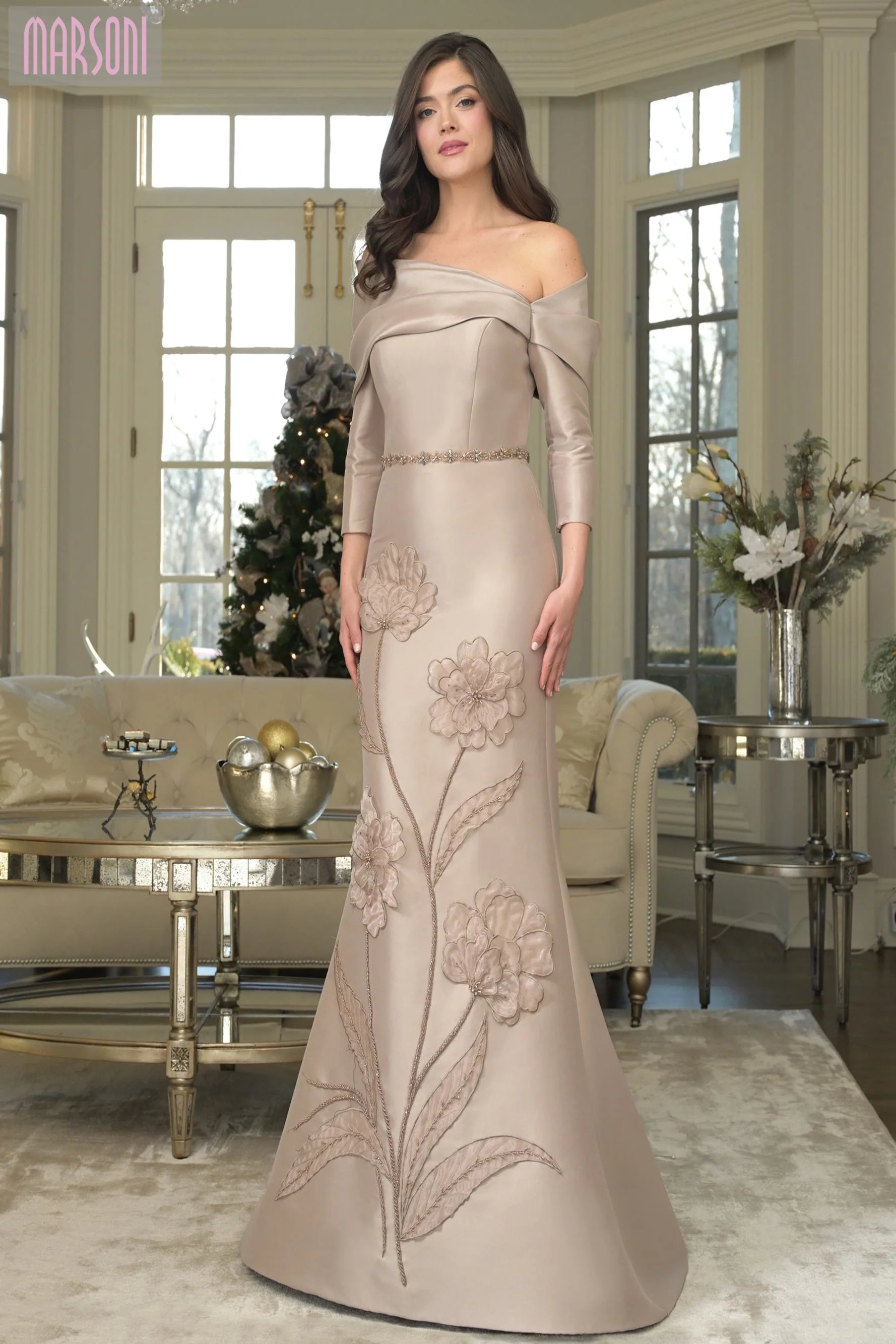 Marsoni by Colors MV1374 - Off-Shoulder Floral Applique Gown