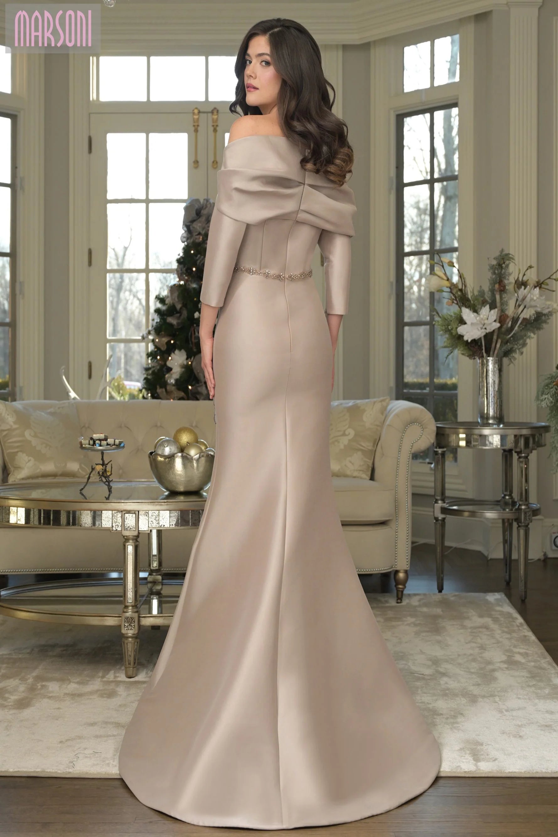 Marsoni by Colors MV1374 - Off-Shoulder Floral Applique Gown