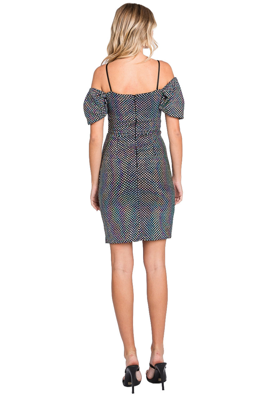 Metallic Fitted Short Puff Sleeve Dress by Lenovia 3074 - product image 2