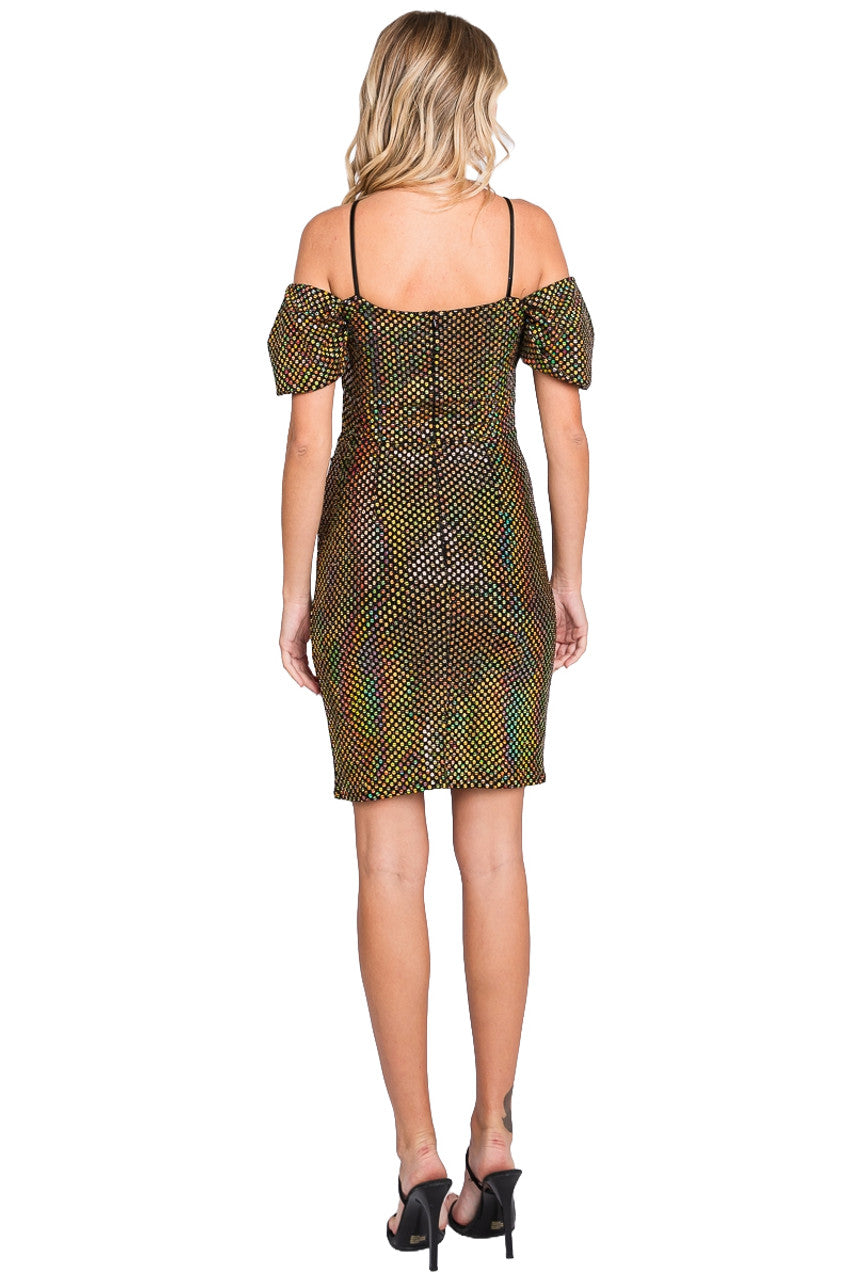 Metallic Fitted Short Puff Sleeve Dress by Lenovia 3074 - product image 6
