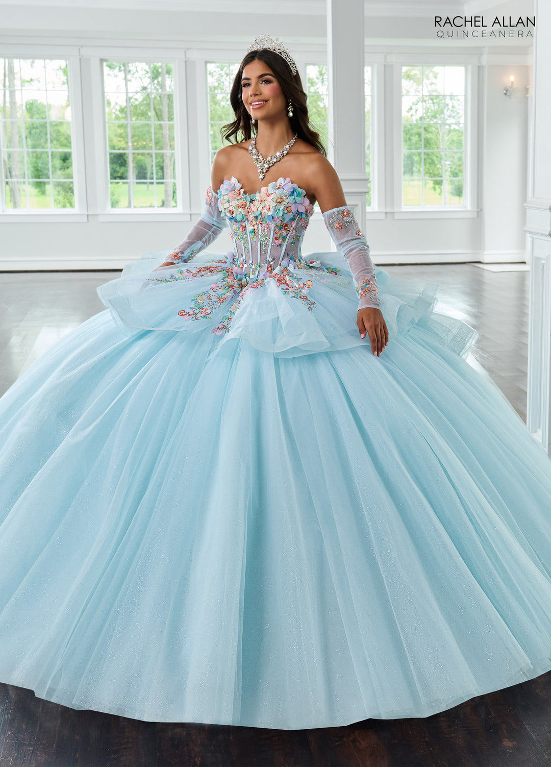 Long Sleeve Quinceanera Dress by Rachel Allan RQ1161 - Light Blue Multi