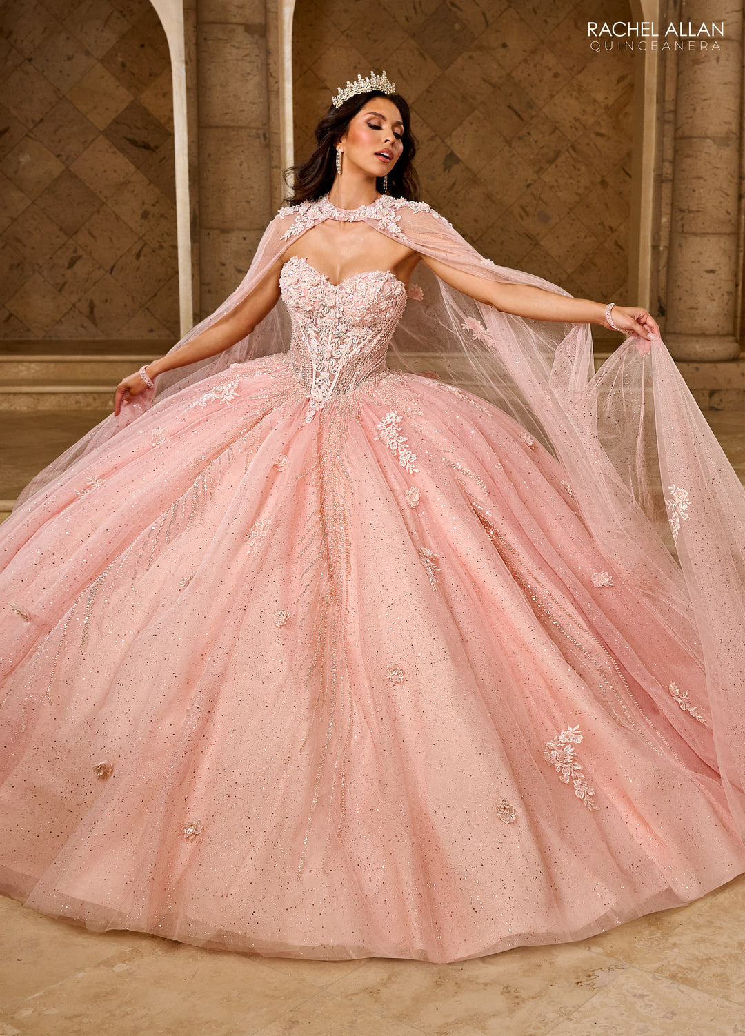 Strapless Cape Quinceanera Dress by Rachel Allan RQ1162 - Blush Multi