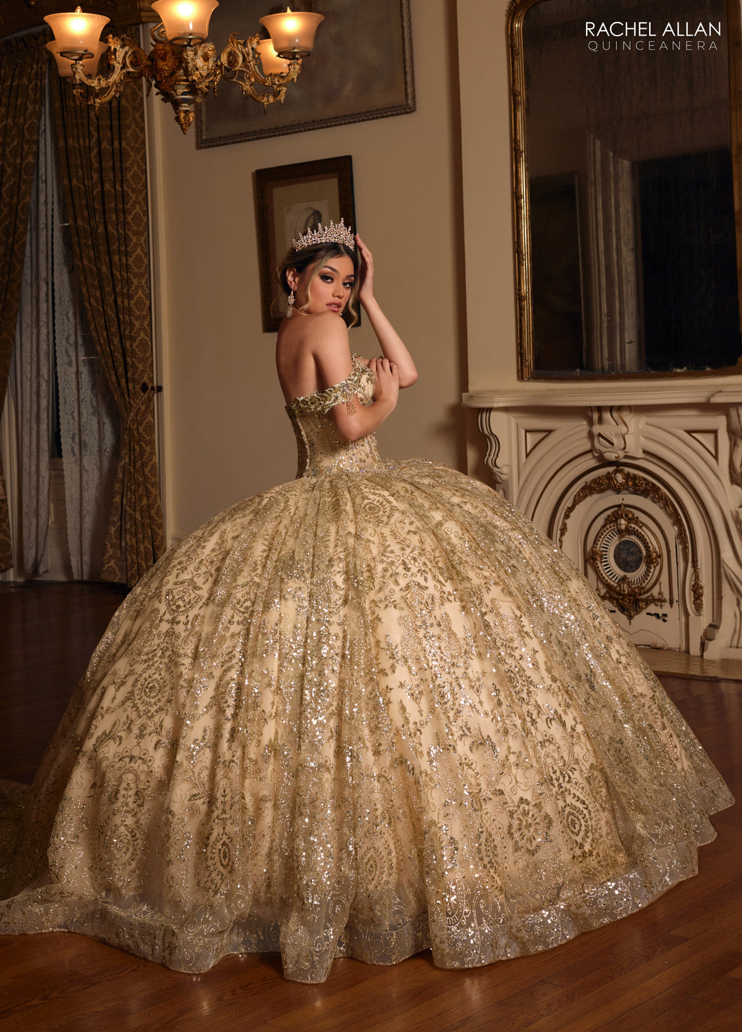 Off Shoulder Quinceanera Dress by Rachel Allan RQ2212 - Champagne/Gold