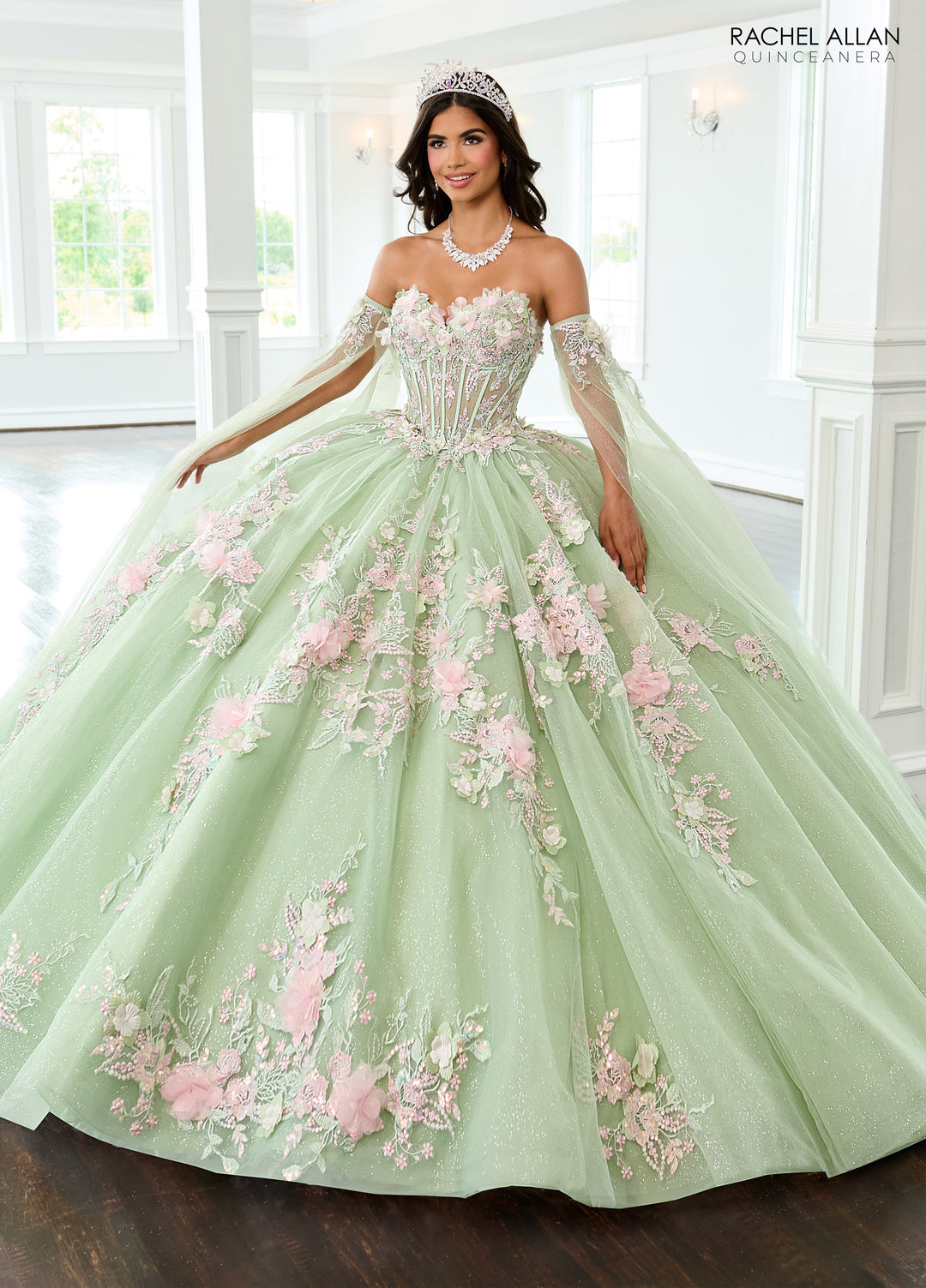 Cape Sleeve Quinceanera Dress by Rachel Allan RQ2216 - Sage/Pink