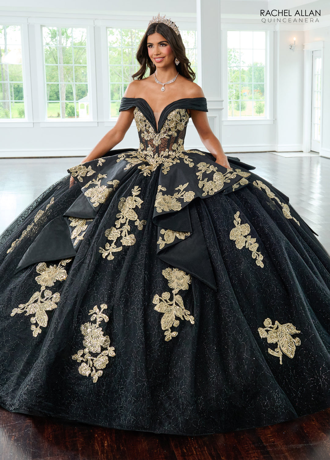 Off Shoulder Quinceanera Dress by Rachel Allan RQ2222 - Black Gold