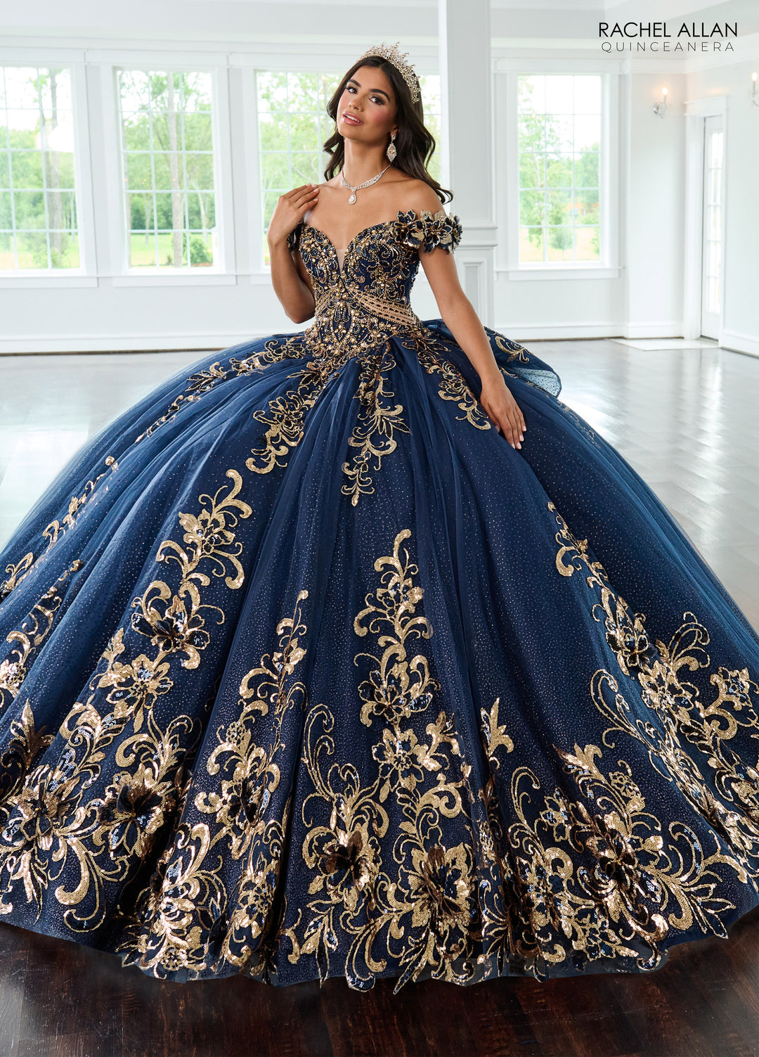 Off Shoulder Quinceanera Dress by Rachel Allan RQ3145 - Burgundy Gold