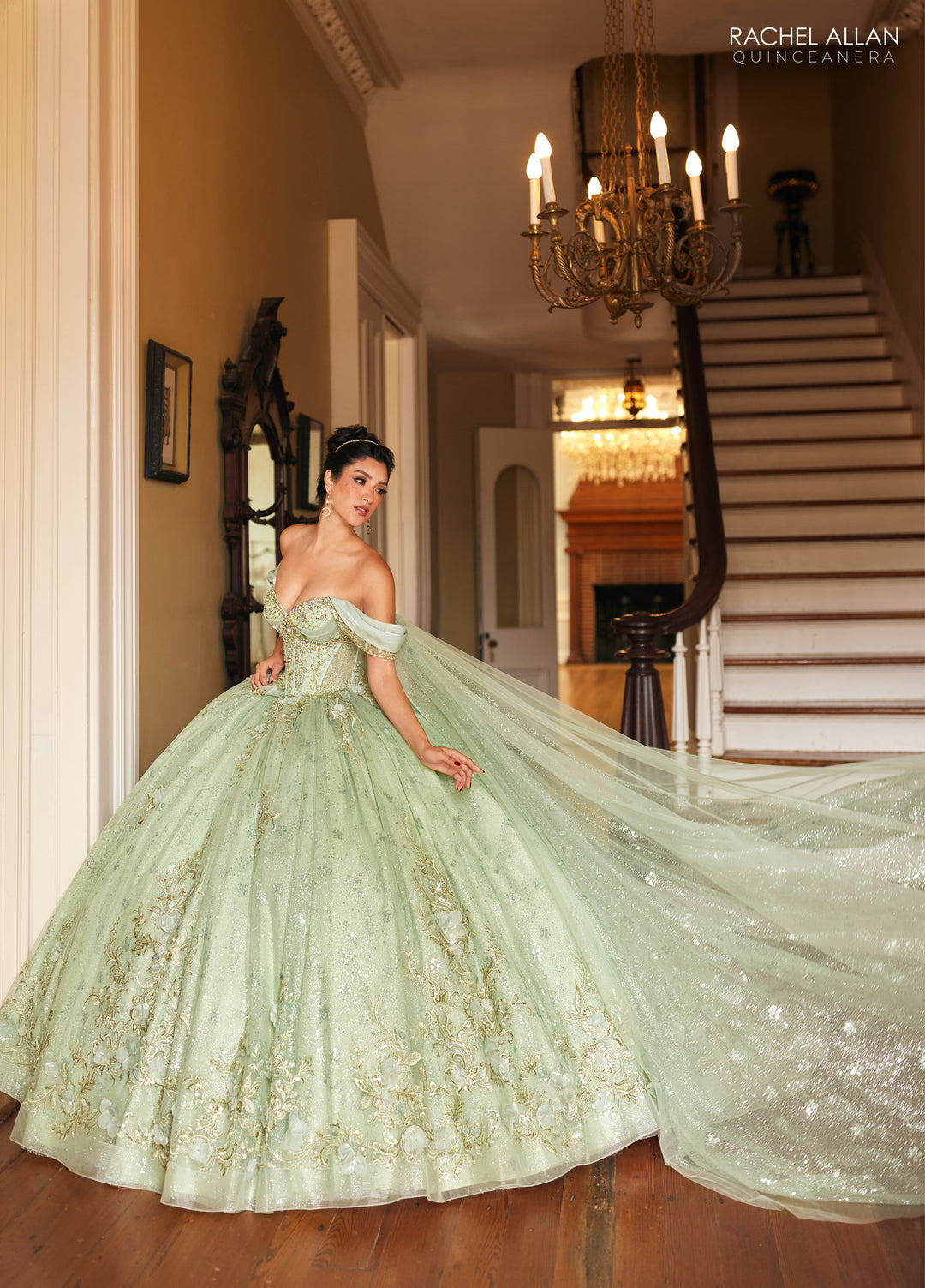 Cape Sleeve Quinceanera Dress by Rachel Allan RQ3146 - Sage Gold