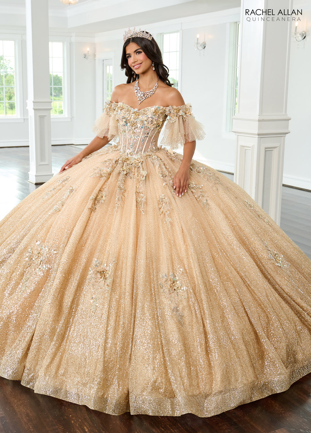 Off Shoulder Quinceanera Dress by Rachel Allan RQ3150 - Champagne Gold