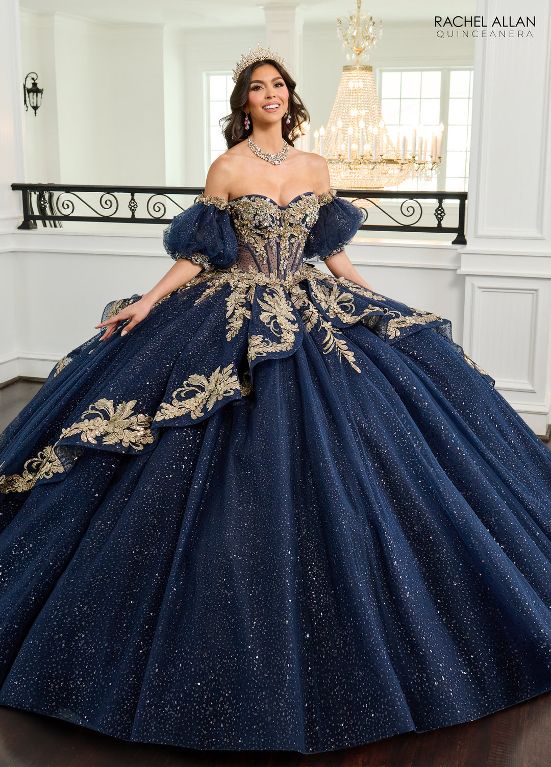 Puff Sleeve Quinceanera Dress by Rachel Allan RQ3153 - Navy Gold