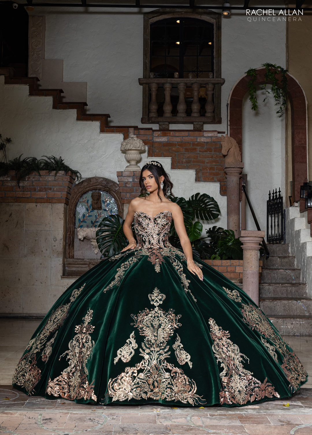 Velvet Quinceanera Dress by Rachel Allan RQ3160 - Emerald/Gold