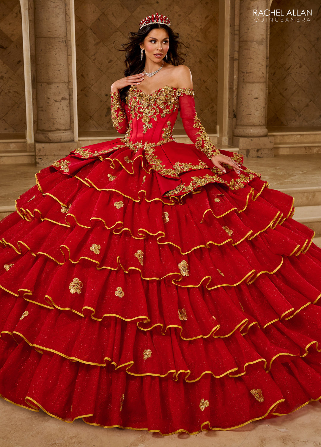 Ruffled Charro Quinceanera Dress by Rachel Allan RQ5012 - Red Gold