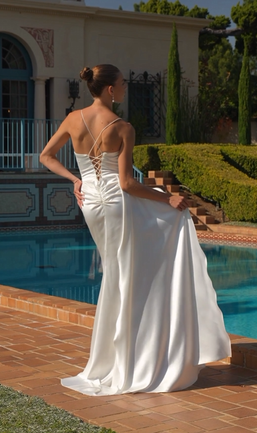 White Satin Cowl Neck Slit Gown by Amoris T826W