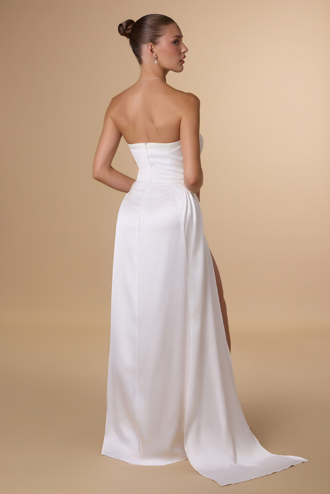White Satin Strapless Slit Gown by Amoris T215W