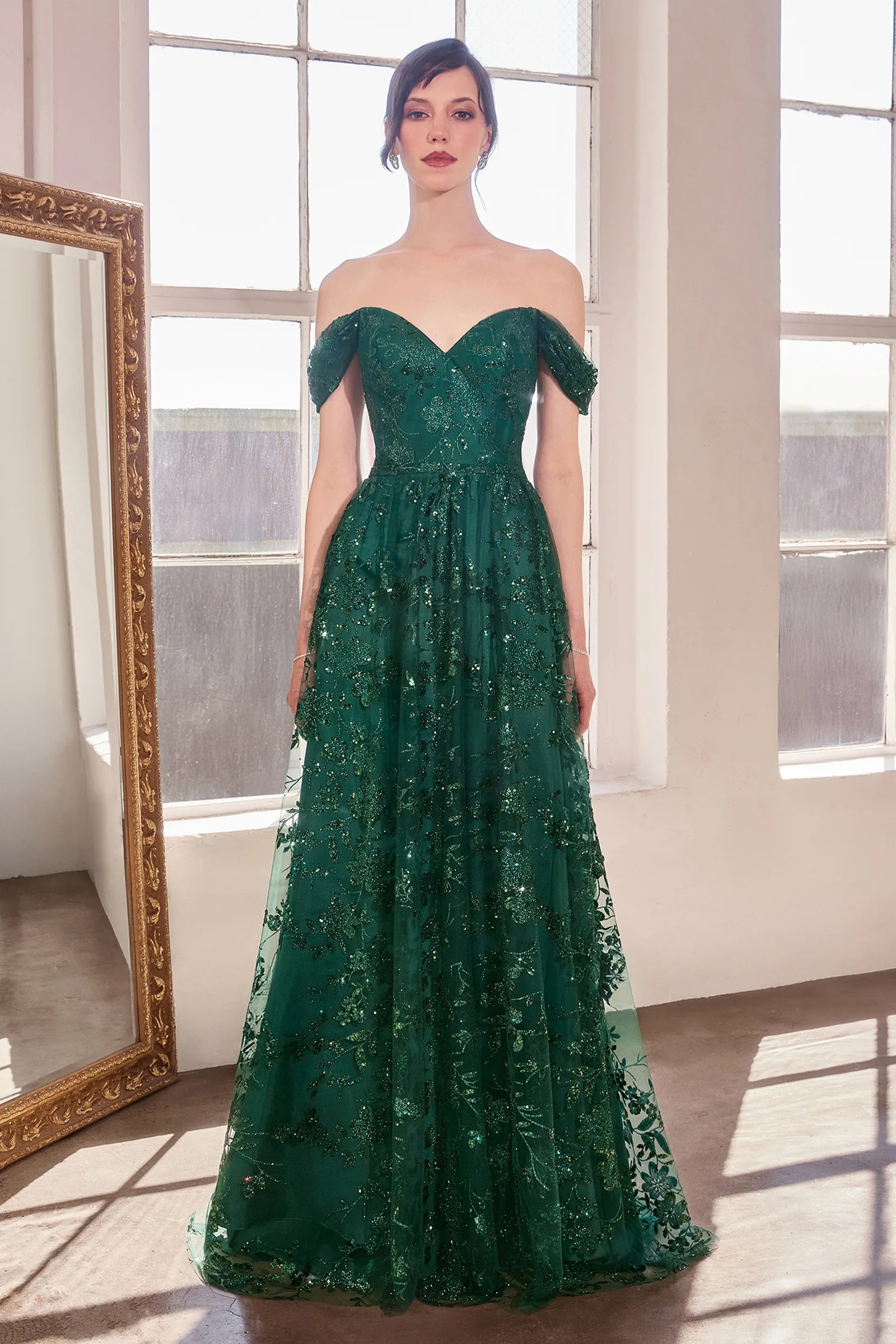 Glitter Print Off Shoulder Gown by Amoris T607