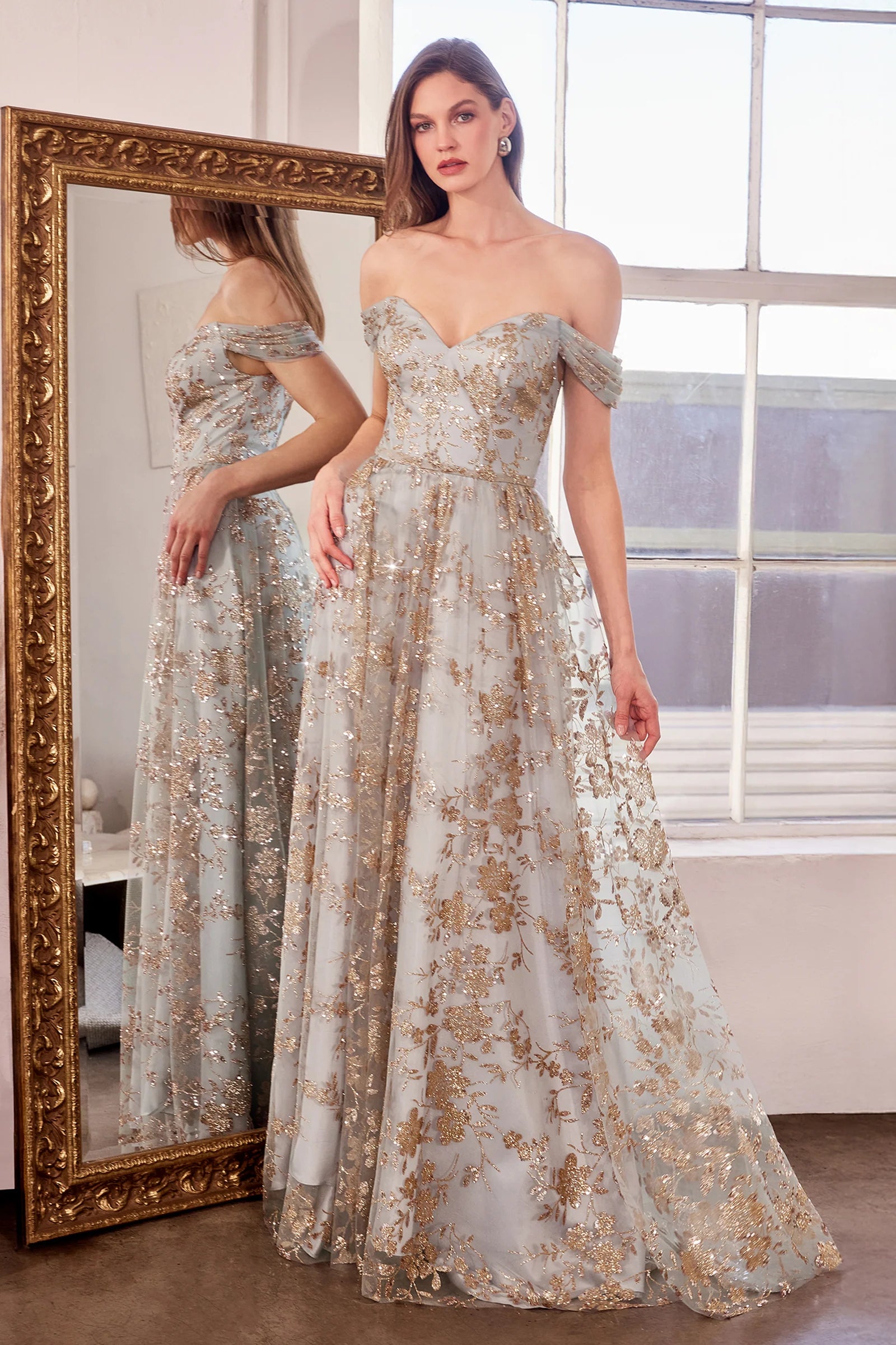 Glitter Print Off Shoulder Gown by Amoris T607