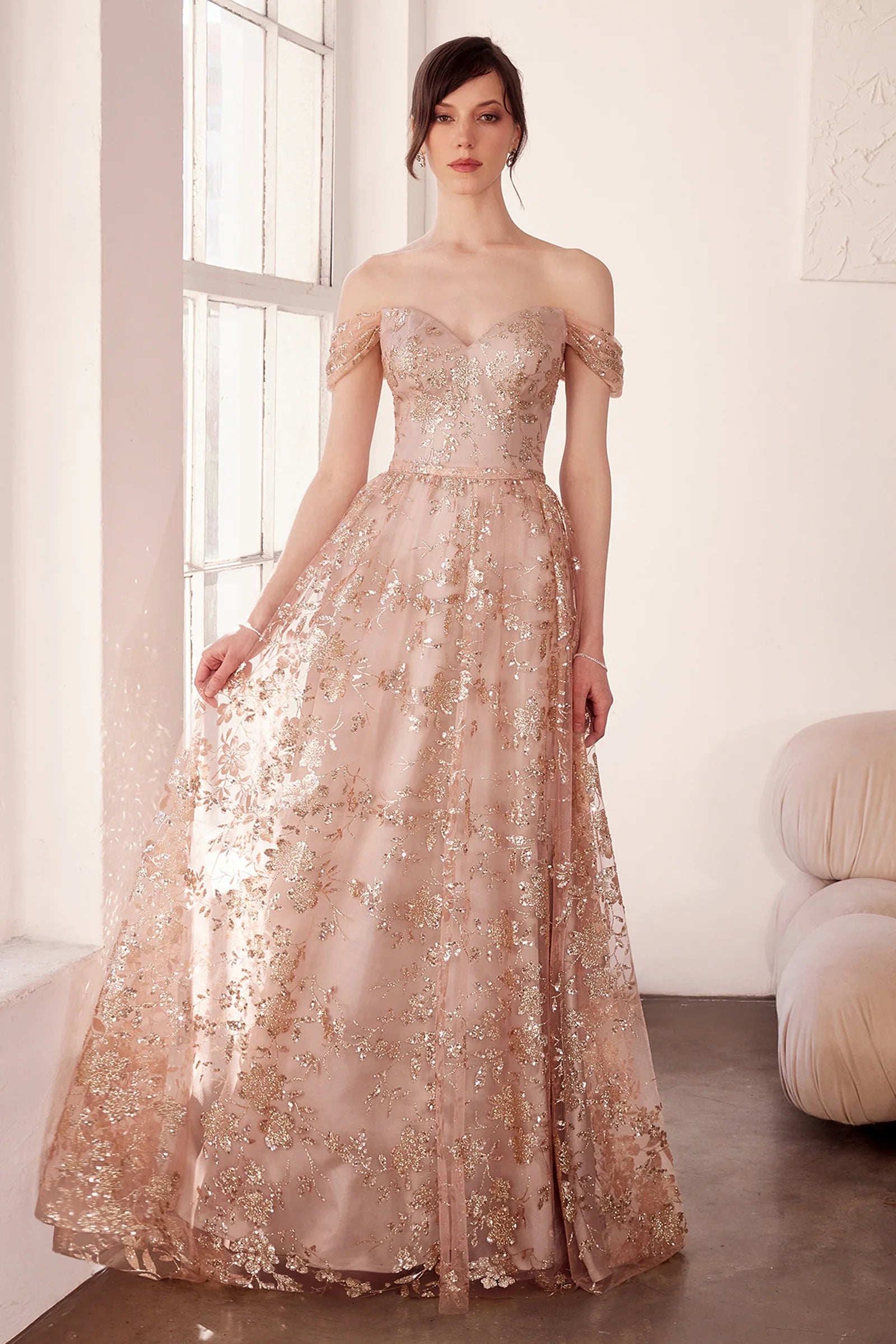 Glitter Print Off Shoulder Gown by Amoris T607