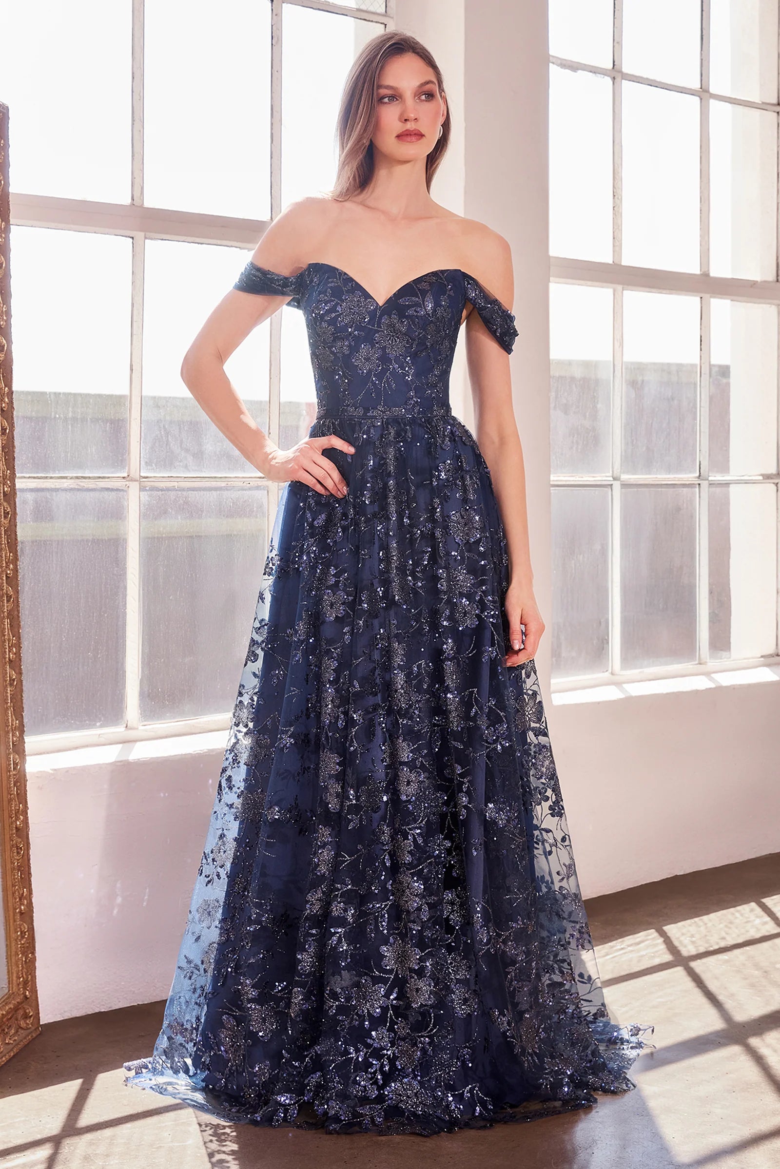Glitter Print Off Shoulder Gown by Amoris T607