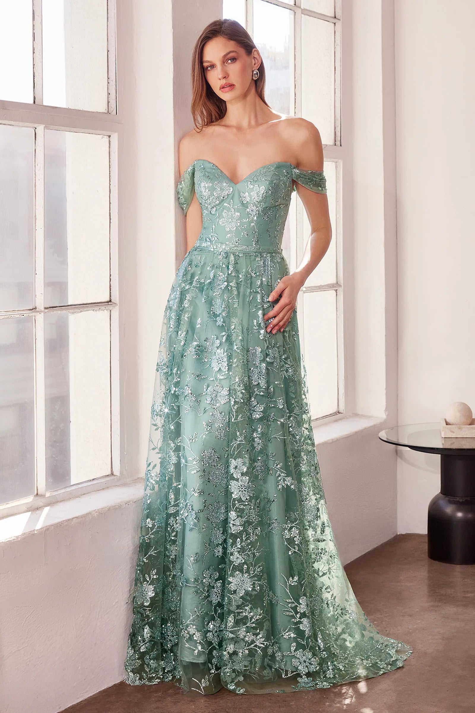 Glitter Print Off Shoulder Gown by Amoris T607
