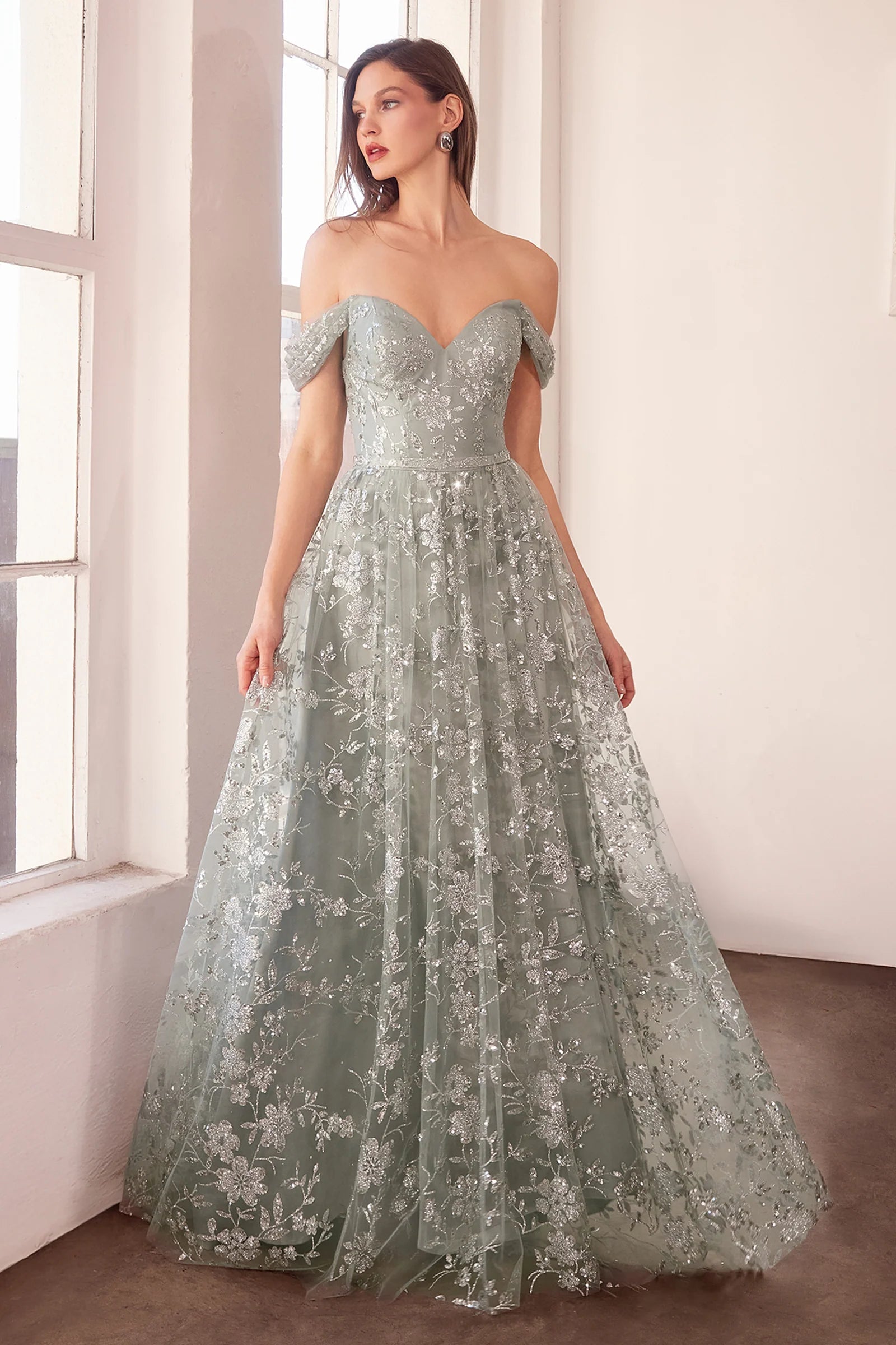Glitter Print Off Shoulder Gown by Amoris T607