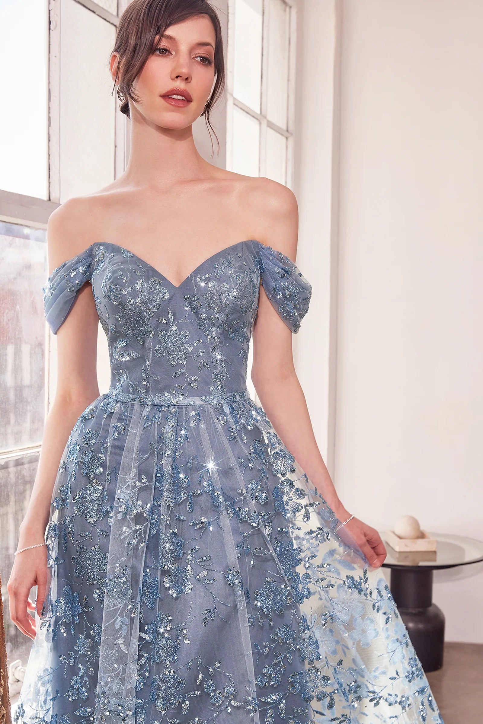 Glitter Print Off Shoulder Gown by Amoris T607