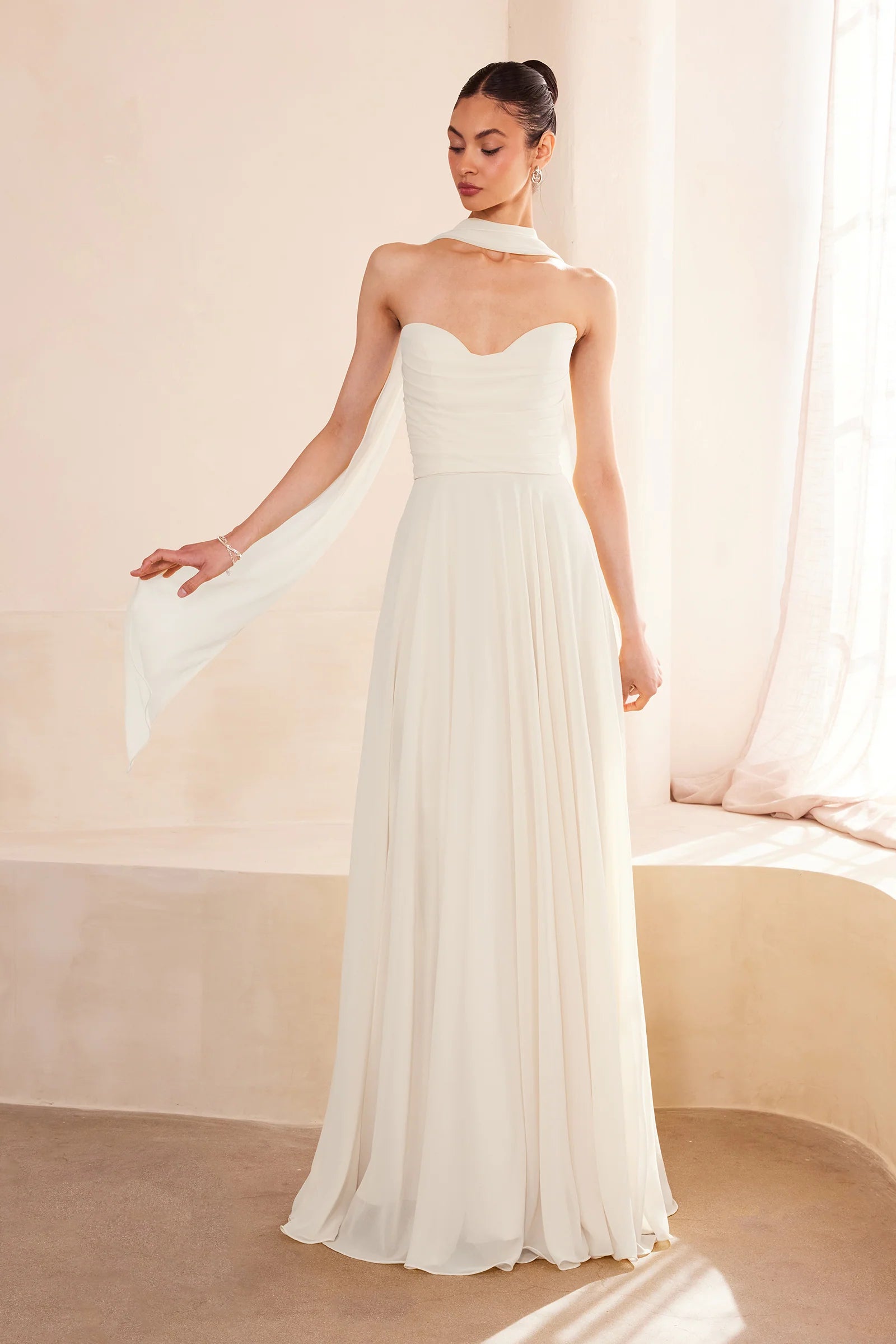 White Chiffon Strapless A-line Gown by Amoris T703W