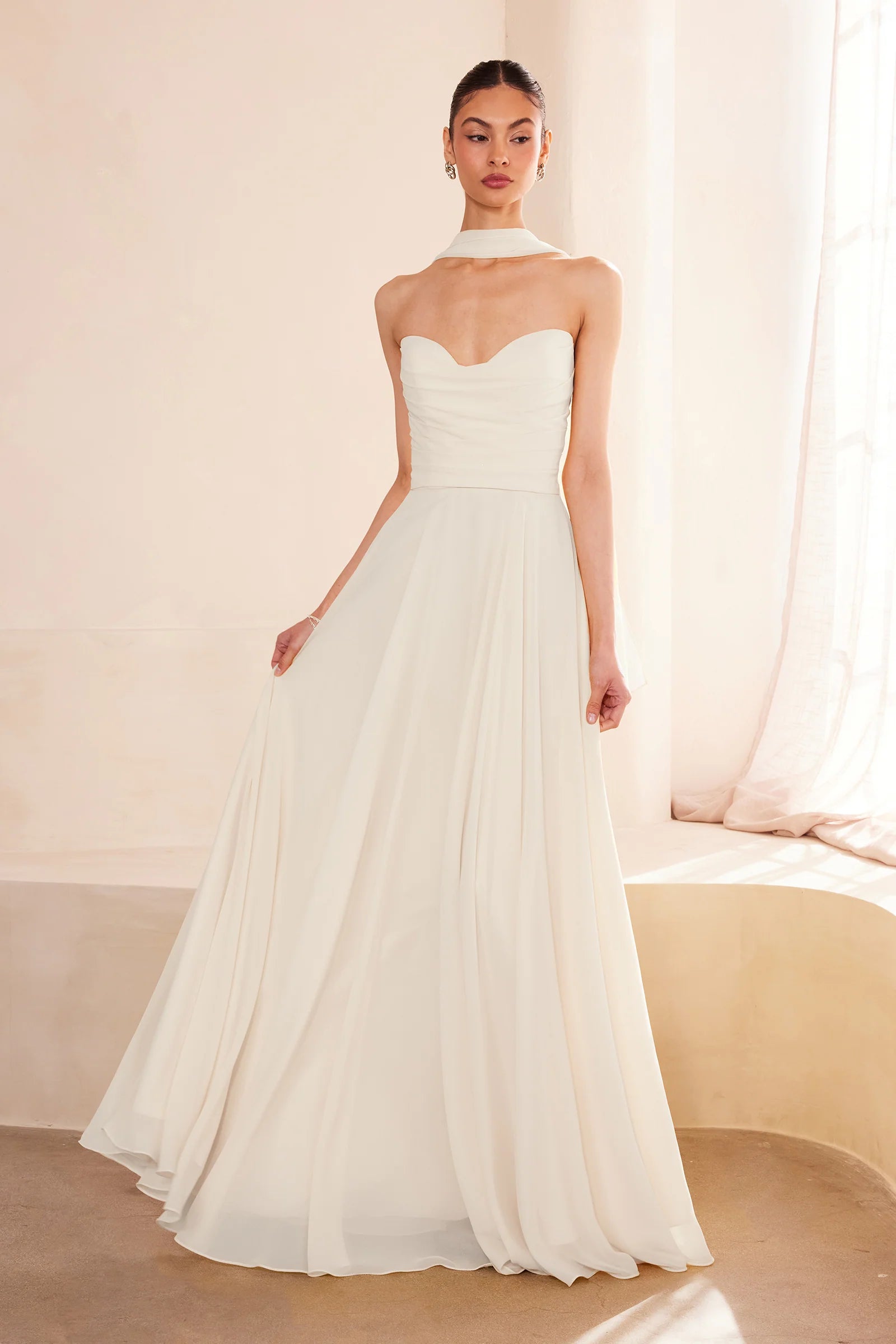 White Chiffon Strapless A-line Gown by Amoris T703W
