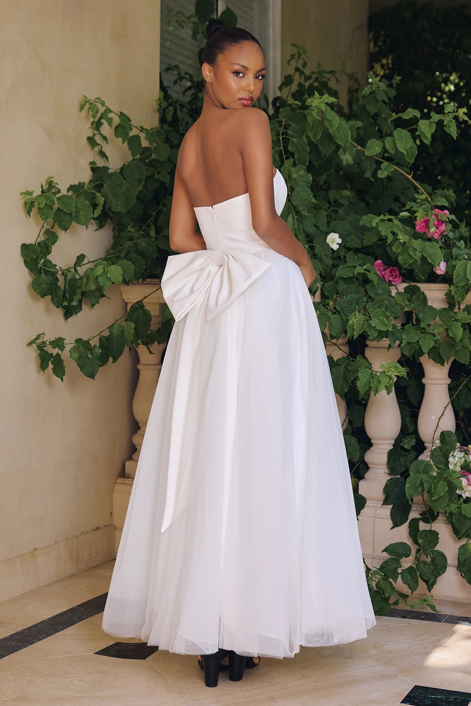 White Strapless Tea Length Dress by Amoris T712W