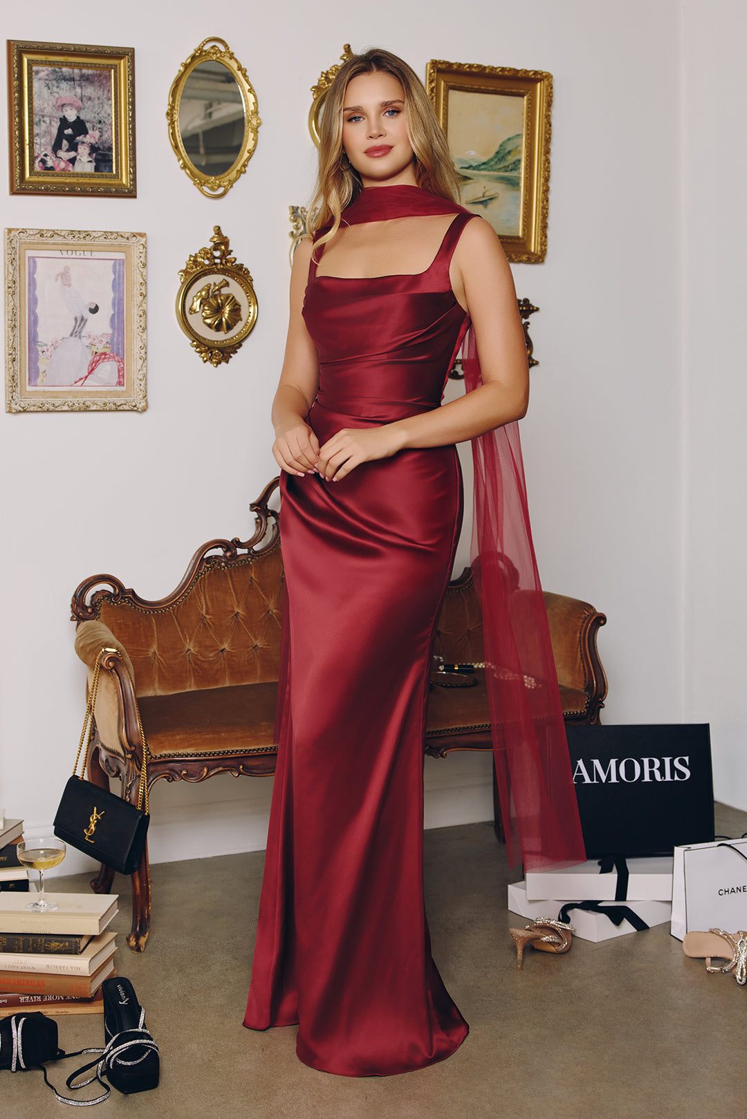 Satin Fitted Sleeveless Scarf Gown by Amoris T729 - image 11