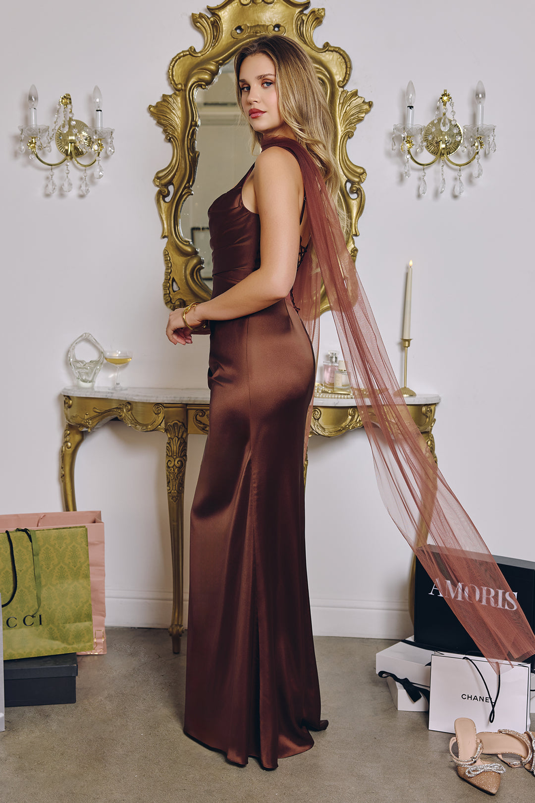 Satin Fitted Sleeveless Scarf Gown by Amoris T729 - image 5