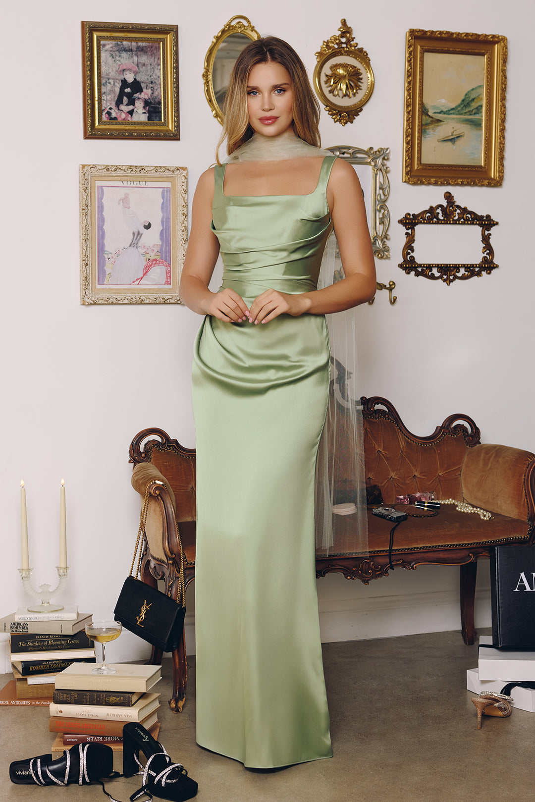 Satin Fitted Sleeveless Scarf Gown by Amoris T729 - image 13