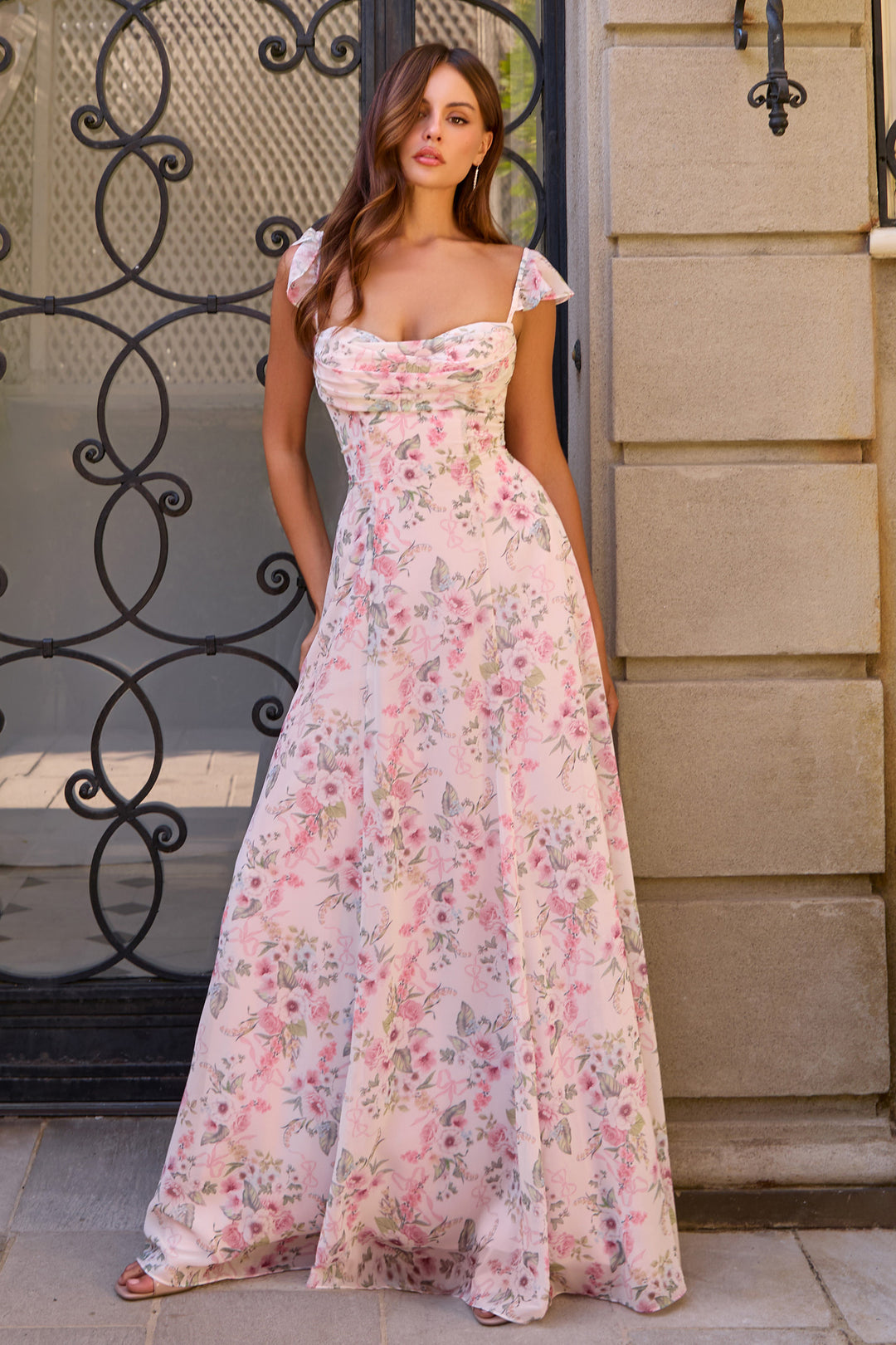 Floral Print Flutter Sleeve A-line Gown by Amoris T749 - image 1