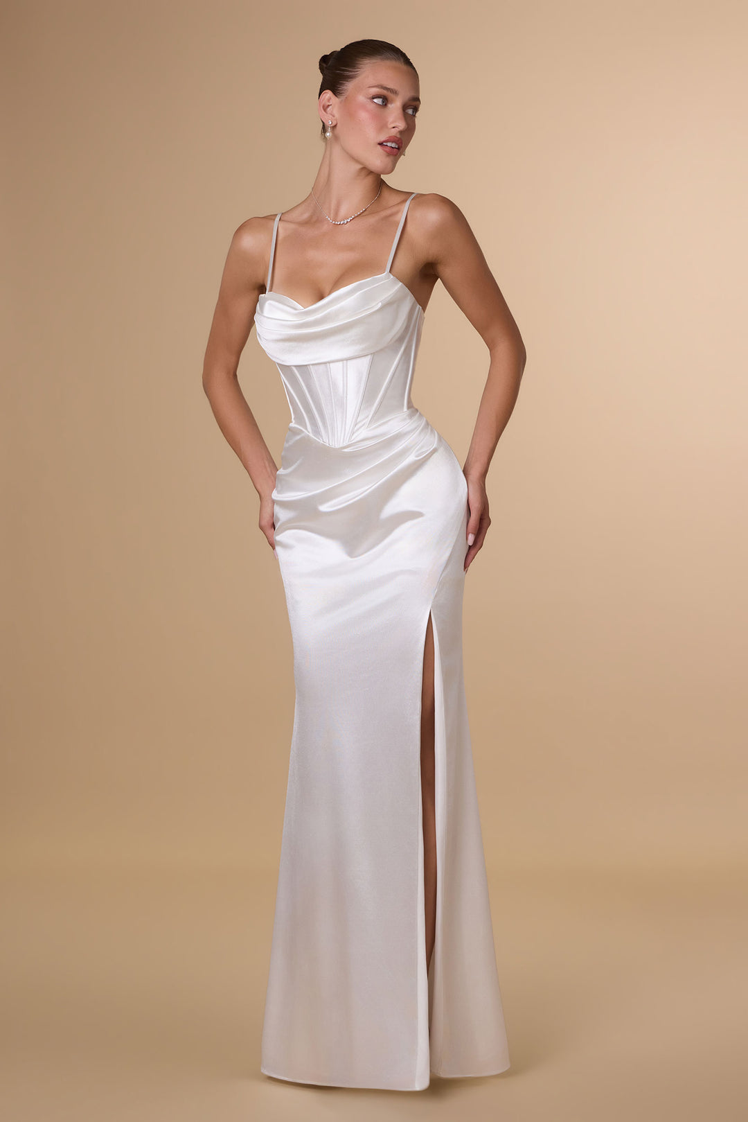 White Satin Sleeveless Slit Gown by Amoris T815W
