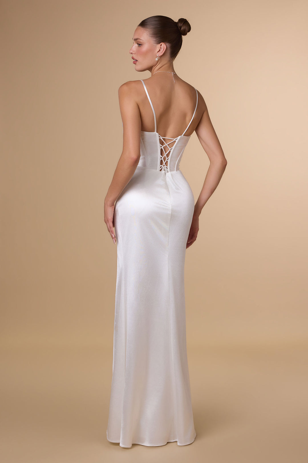 White Satin Sleeveless Slit Gown by Amoris T815W