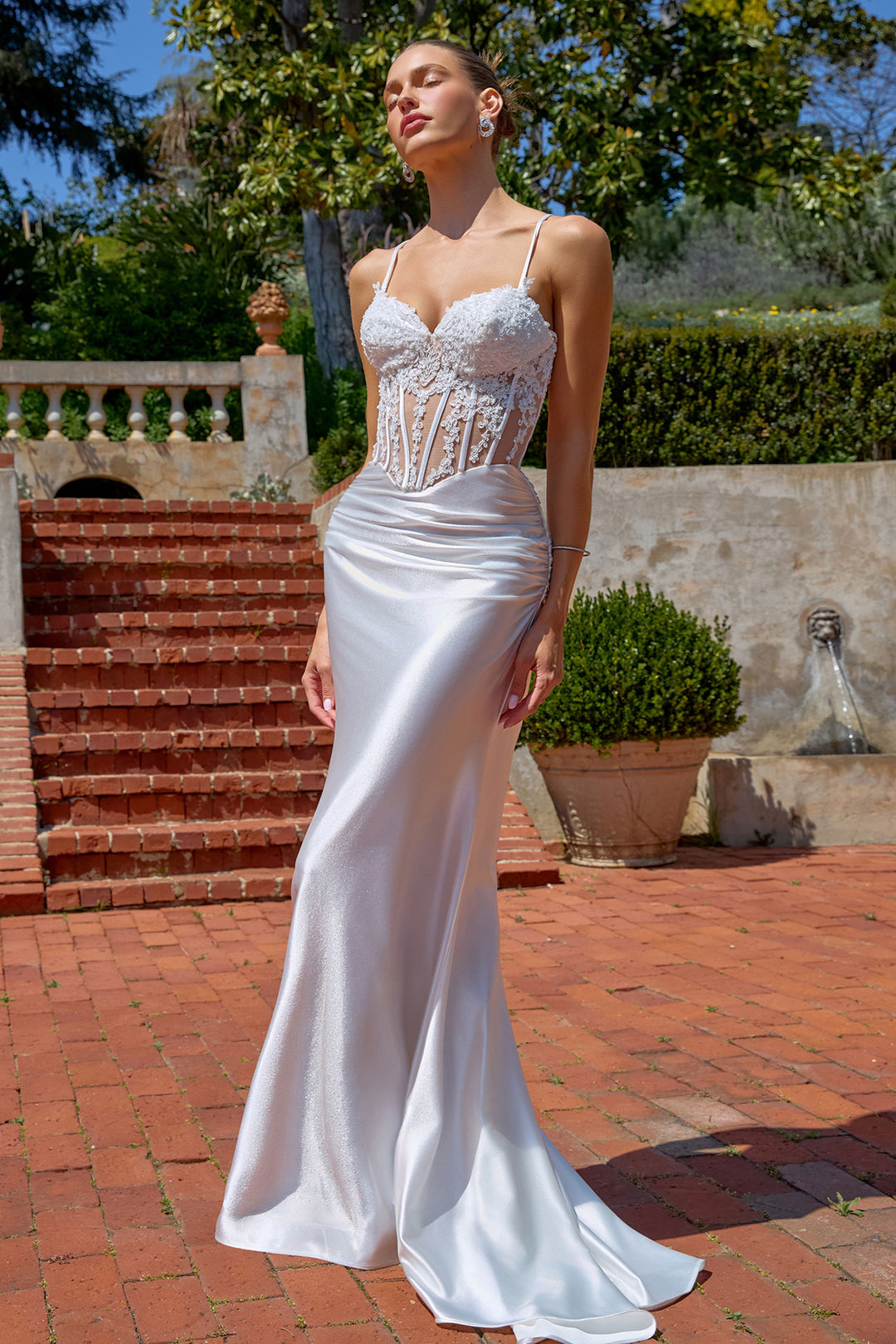 White Applique Satin Sleeveless Gown by Amoris T819W