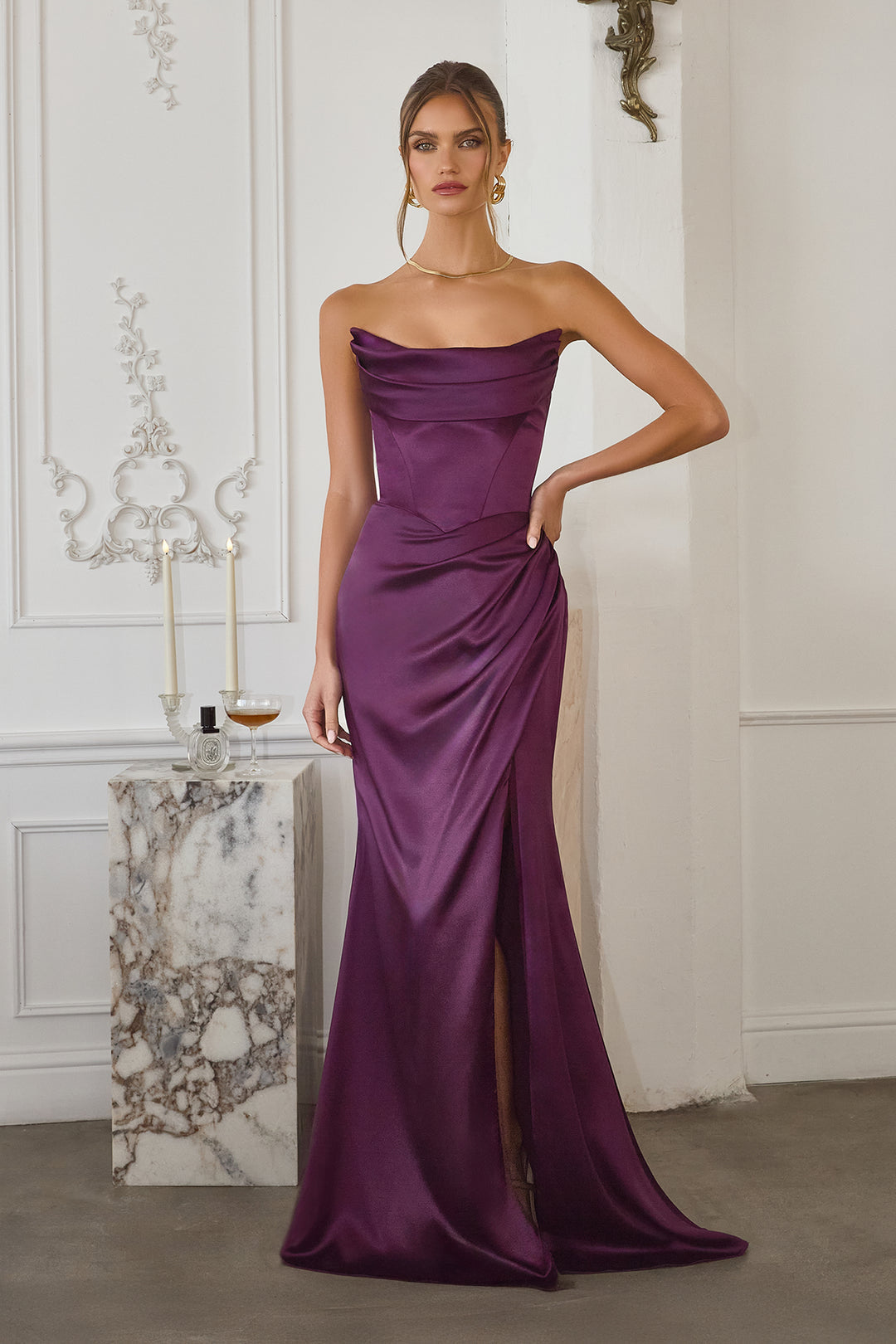 Satin Fitted Off Shoulder Slit Gown by Amoris T820 - image 10