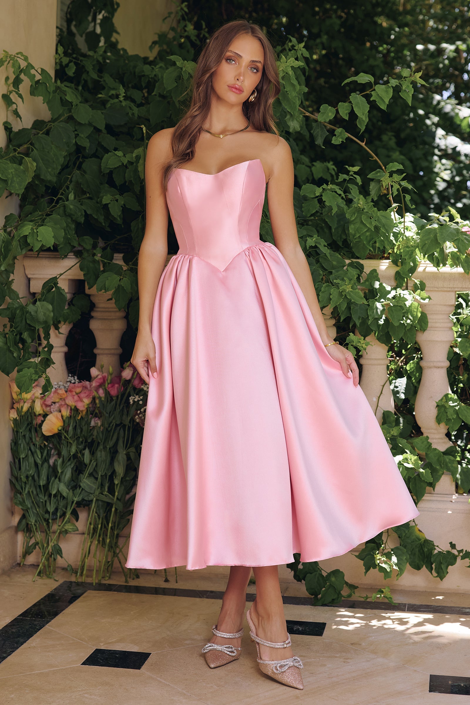 Satin Strapless Tea Length Dress by Amoris T822 - product image 1